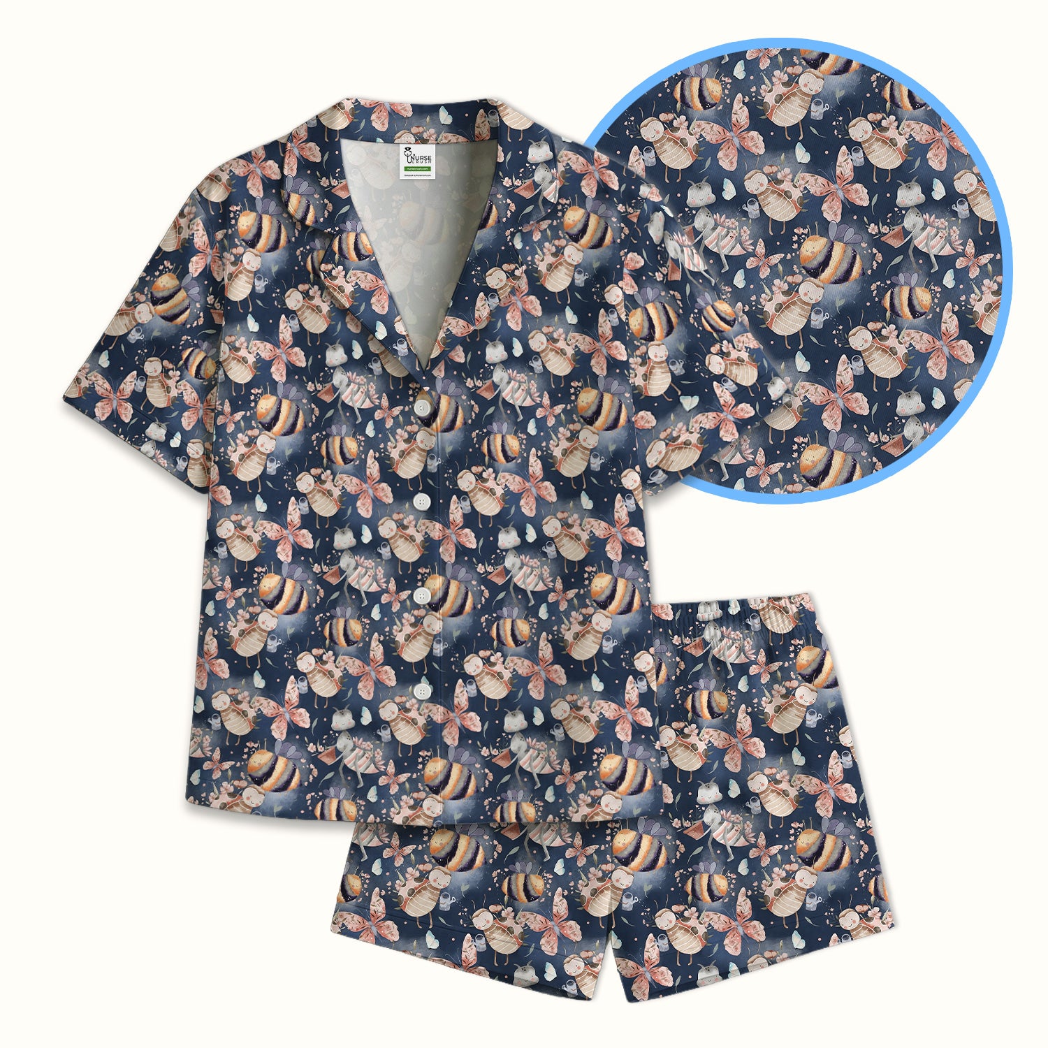 Cute Whimsical Bee Fairy Garden Pattern Pajama Set, Soft Breathable Fabric Comfortable Sleepwear