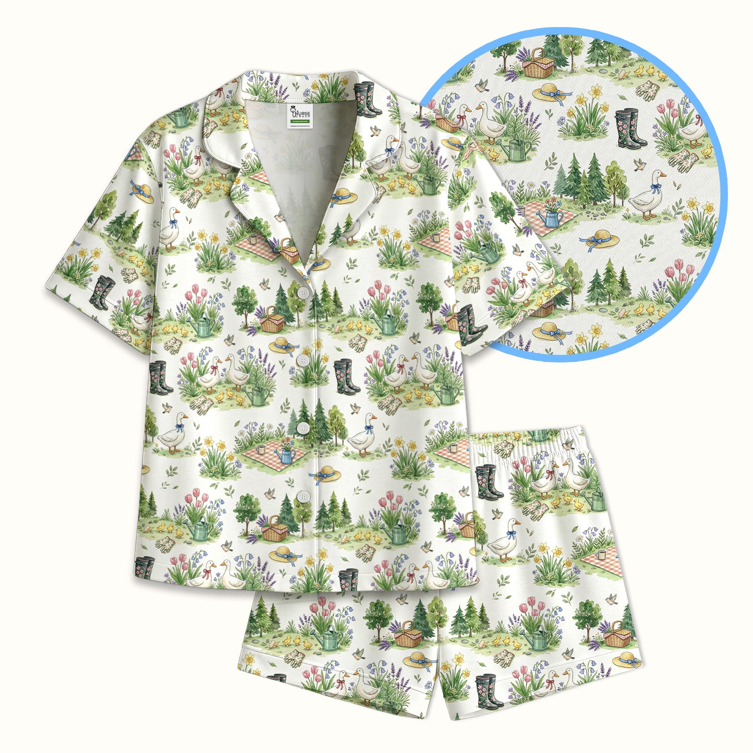 Cute Duck Garden Pattern Pajama Set, Breathable Fabrics Uniform