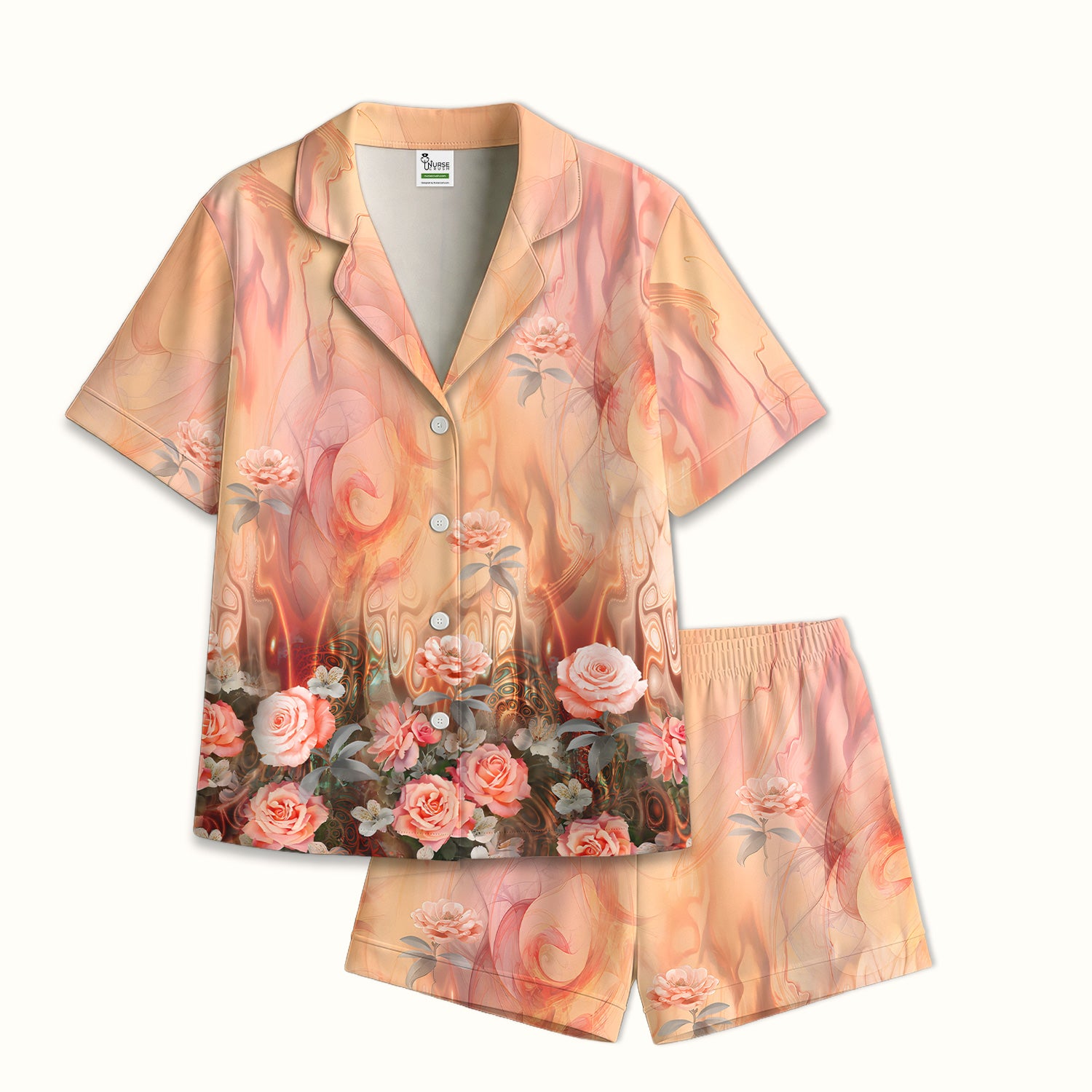 Elegant Peach Marble Rose Pattern Pajama Set, Soft Breathable Fabric Comfortable Sleepwear