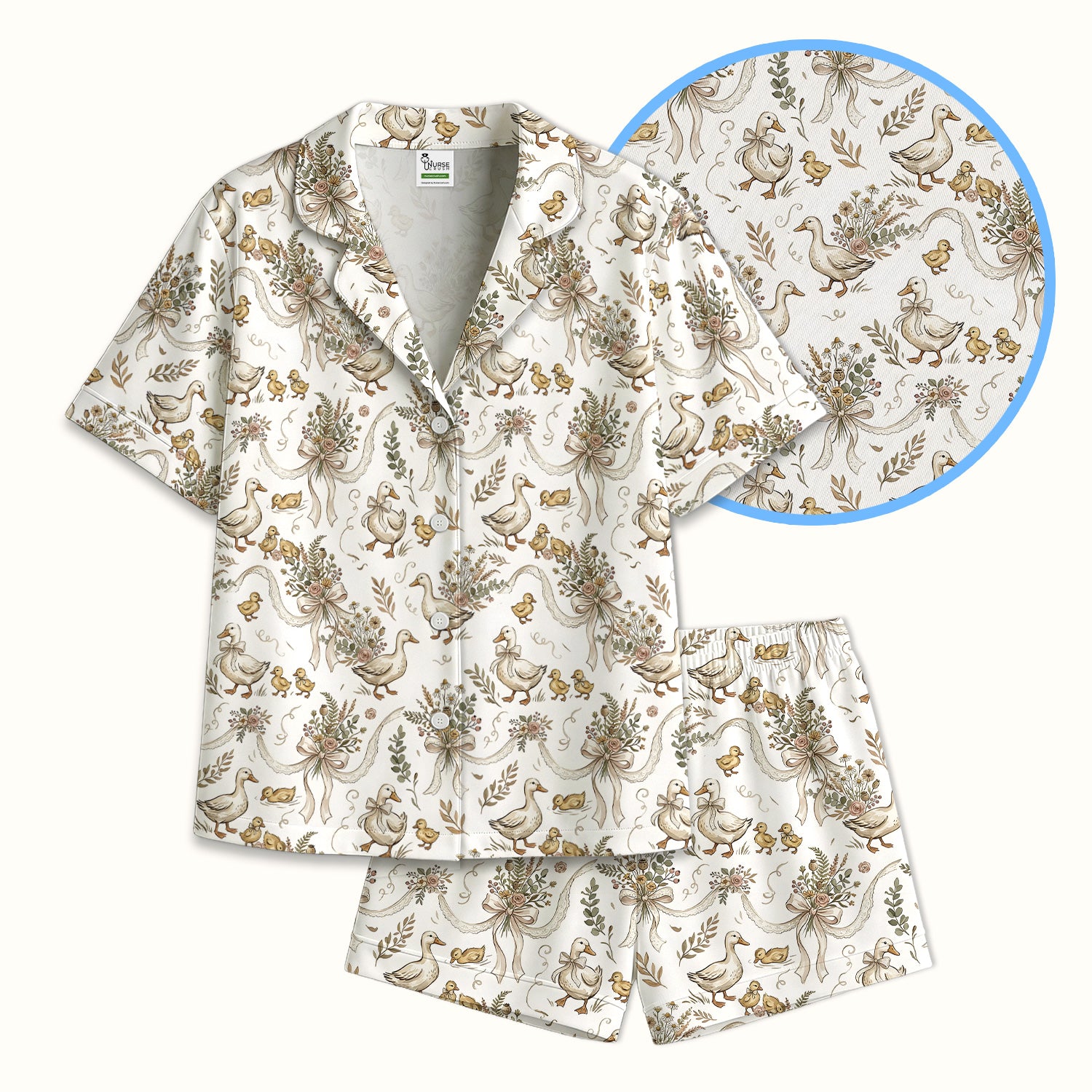 Vintage Duck Family Ribbon Floral Pattern Nurse Pajama Set, Soft Breathable Fabric Comfortable Sleepwear