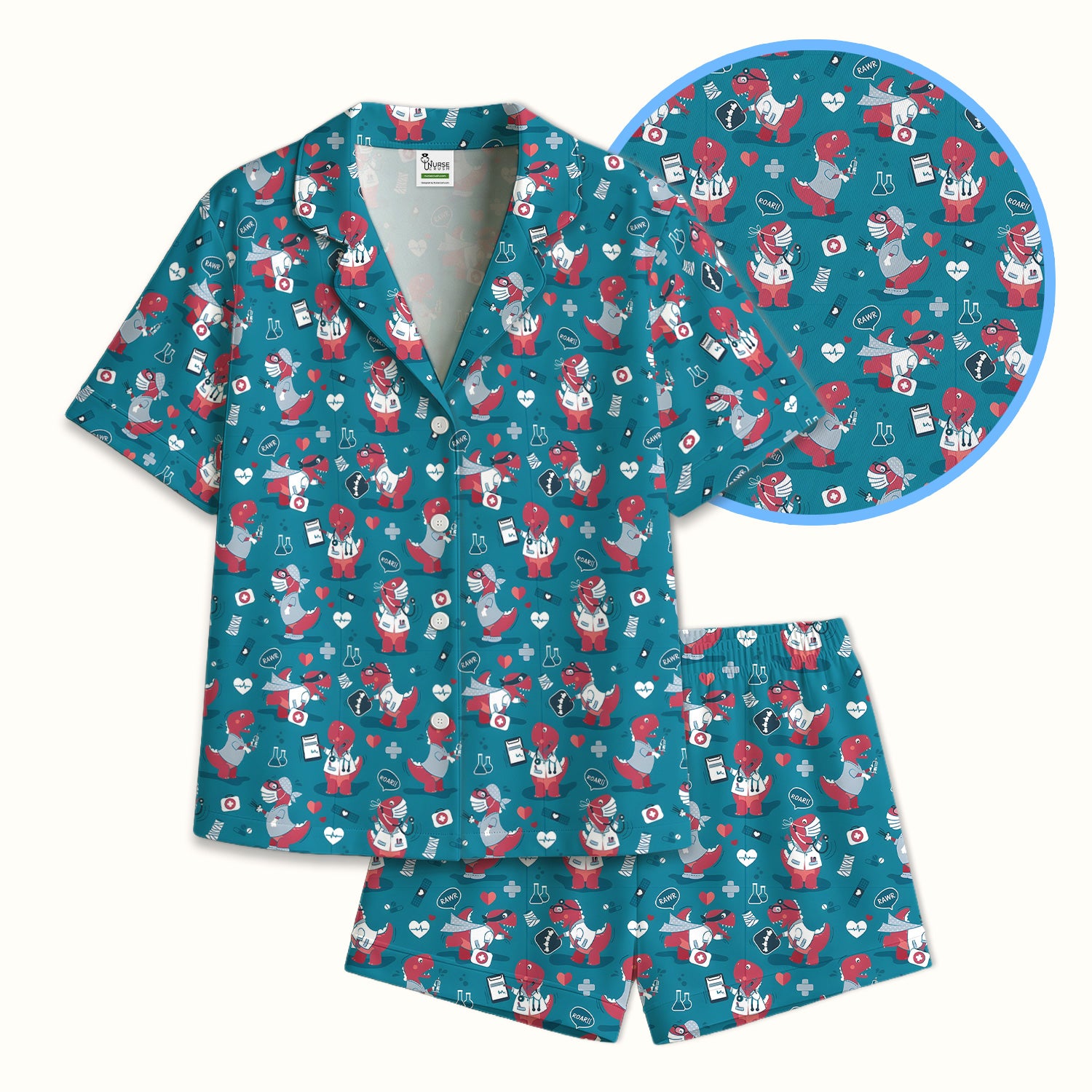 Cute Dinosaur Doctor Medical Pattern Pajama Set, Breathable Fabrics Uniform