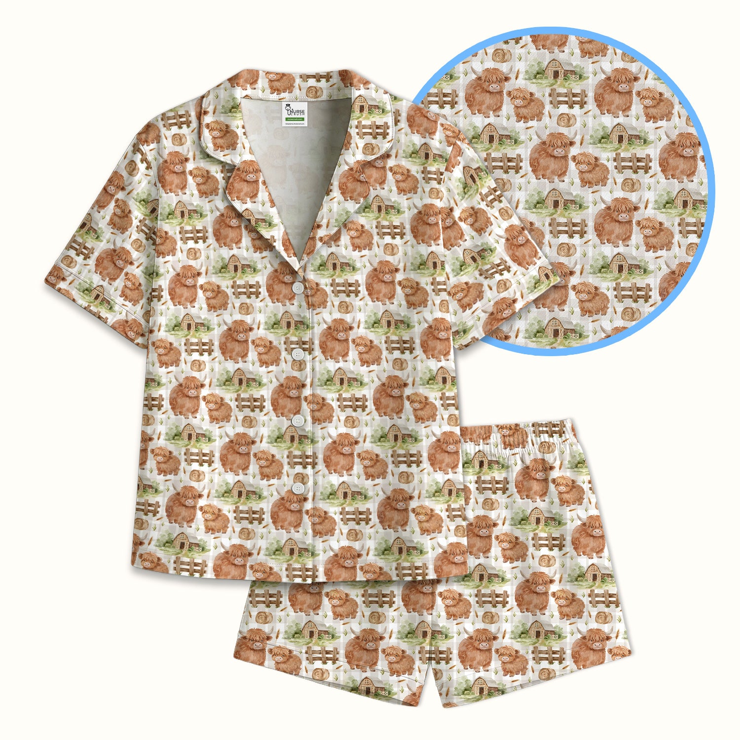 Cute Highland Cow With Farm Barn Fence Pajama Set, Soft Breathable Fabric Comfortable Sleepwear