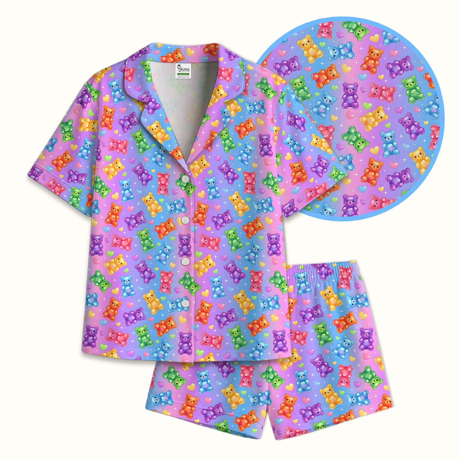 Colorful Gummy Bear Pattern Pajama Set, Breathable Fabrics Uniform