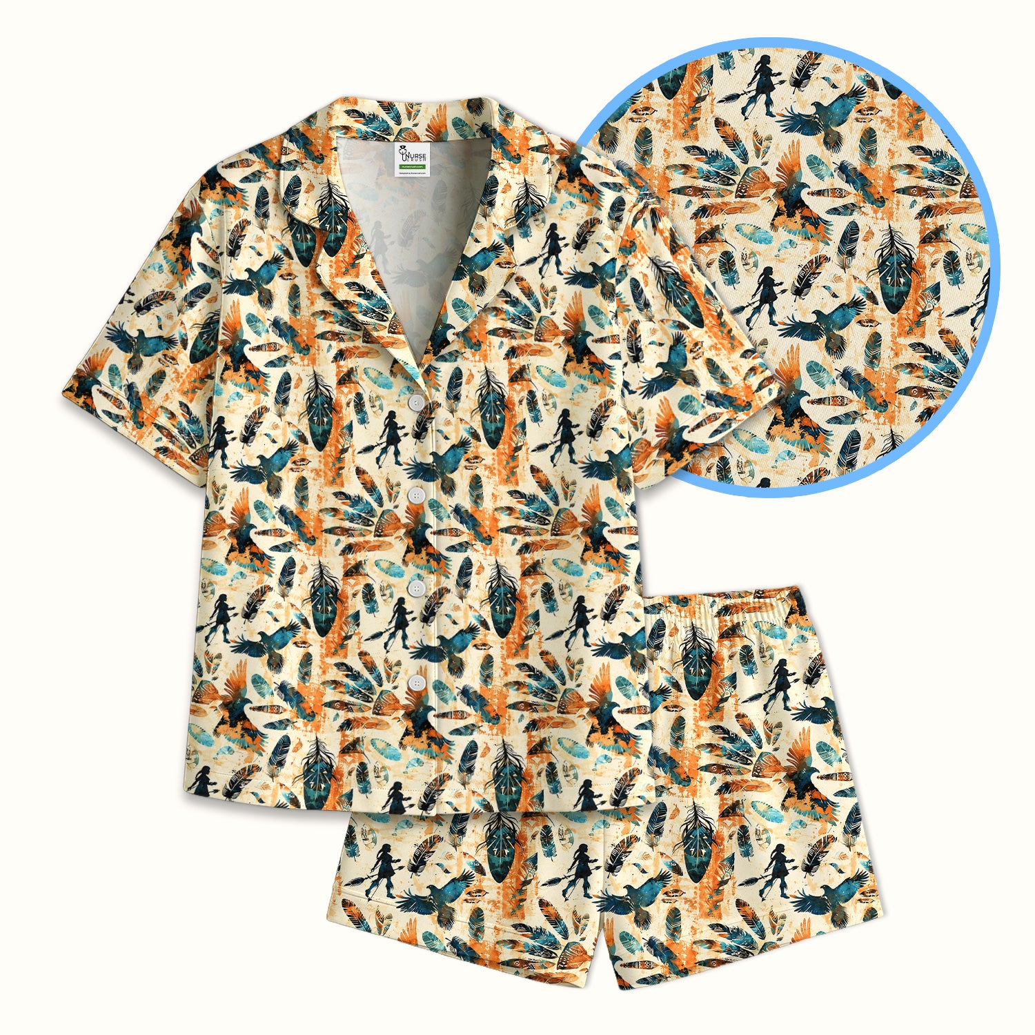 Feather Birds Tribal Print Pajama Set, Soft Breathable Fabric Comfortable Sleepwear