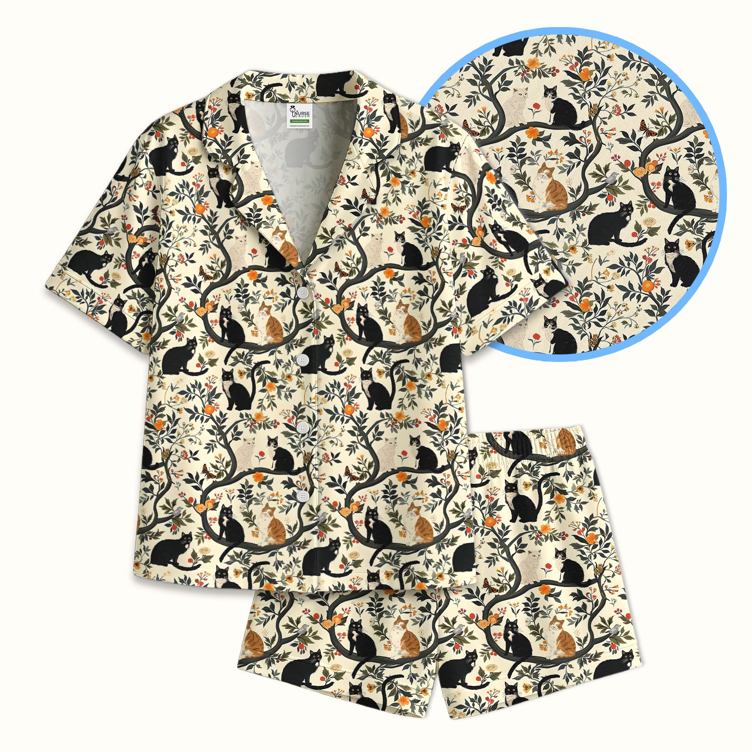 Vintage Black Cat Floral Pattern Pajama Set, Soft Breathable Fabric Comfortable Sleepwear
