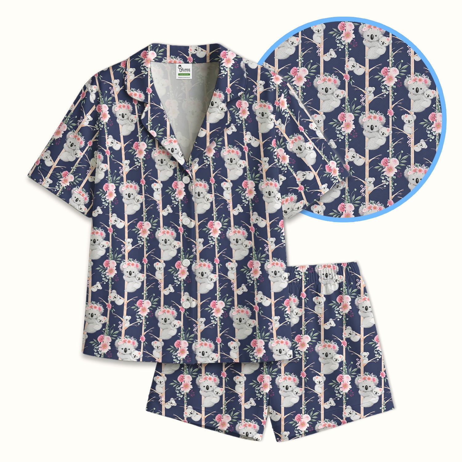 Cute Koala Climbing Tree Blossom Pattern Nurse Pajama Set, Soft Breathable Fabric Comfortable Sleepwear