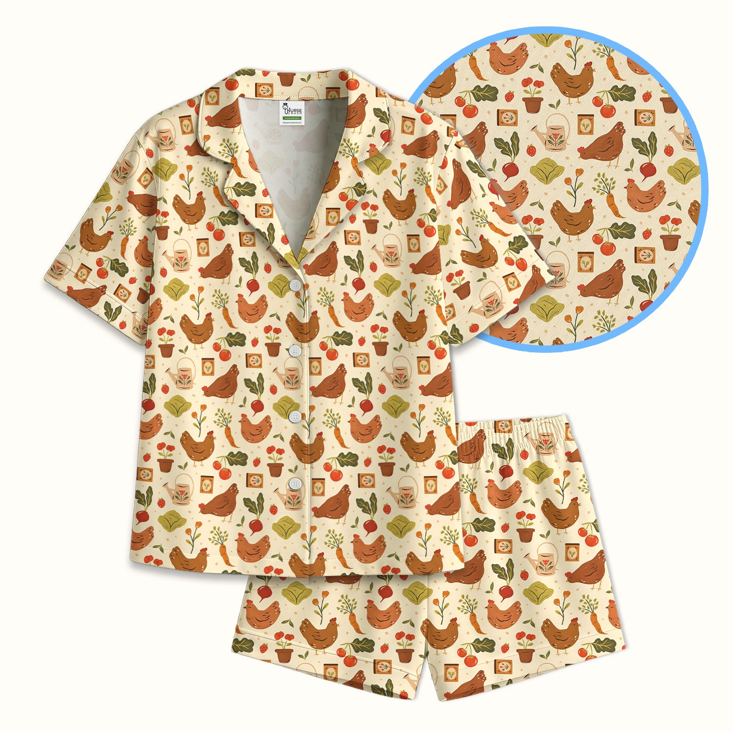 Rustic Farm Chicken Garden Vegetable Pattern Pajama Set, Soft Breathable Fabric Comfortable Sleepwear