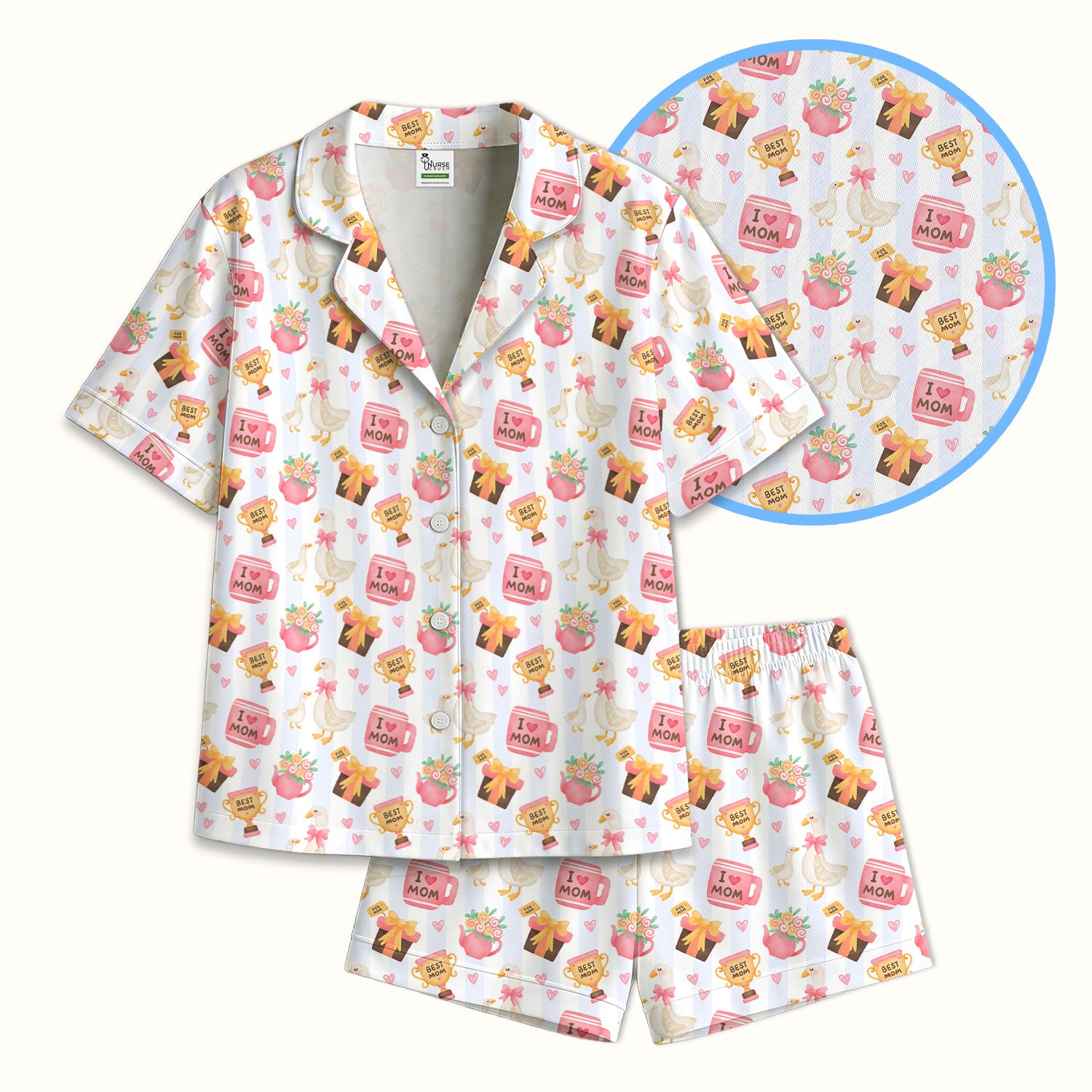 Sweet Nurse Mom Goose Gift Trophy Pattern Pajama Set, Soft Breathable Fabric Comfortable Sleepwear