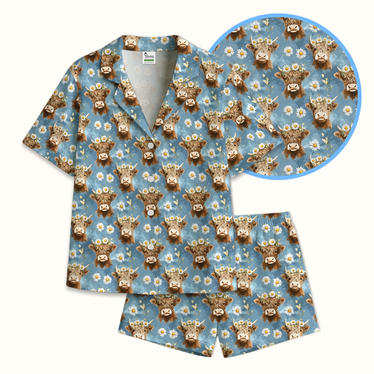 Highland Cow Daisy Flower Pattern Pajama Set, Soft Breathable Fabric Comfortable Sleepwear