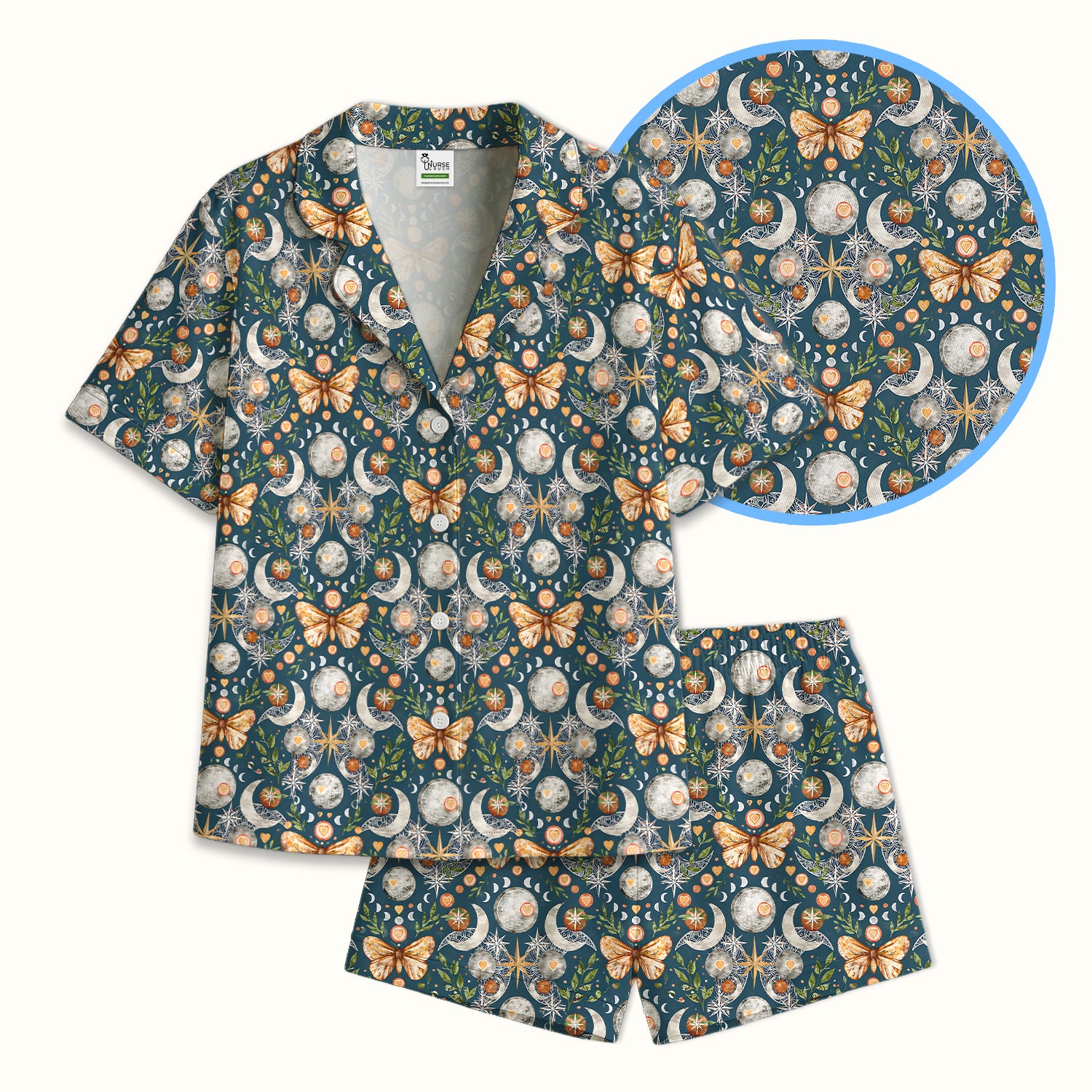 Celestial Butterfly Moonlight Pattern Pajama Set, Soft Breathable Fabric Comfortable Sleepwear