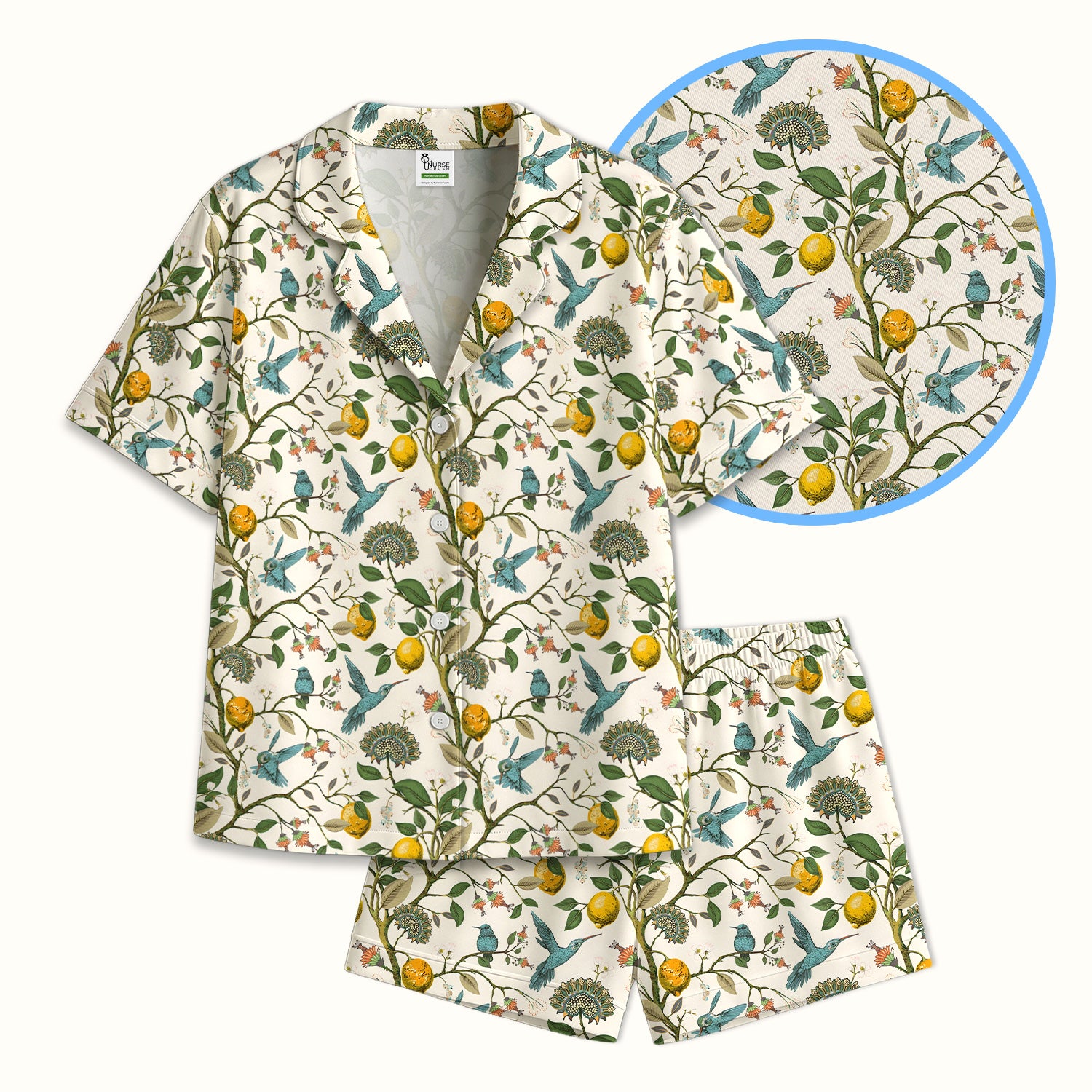 Cute Hummingbird Lemon Floral Pattern Pajama Set, Soft Breathable Fabric Comfortable Sleepwear