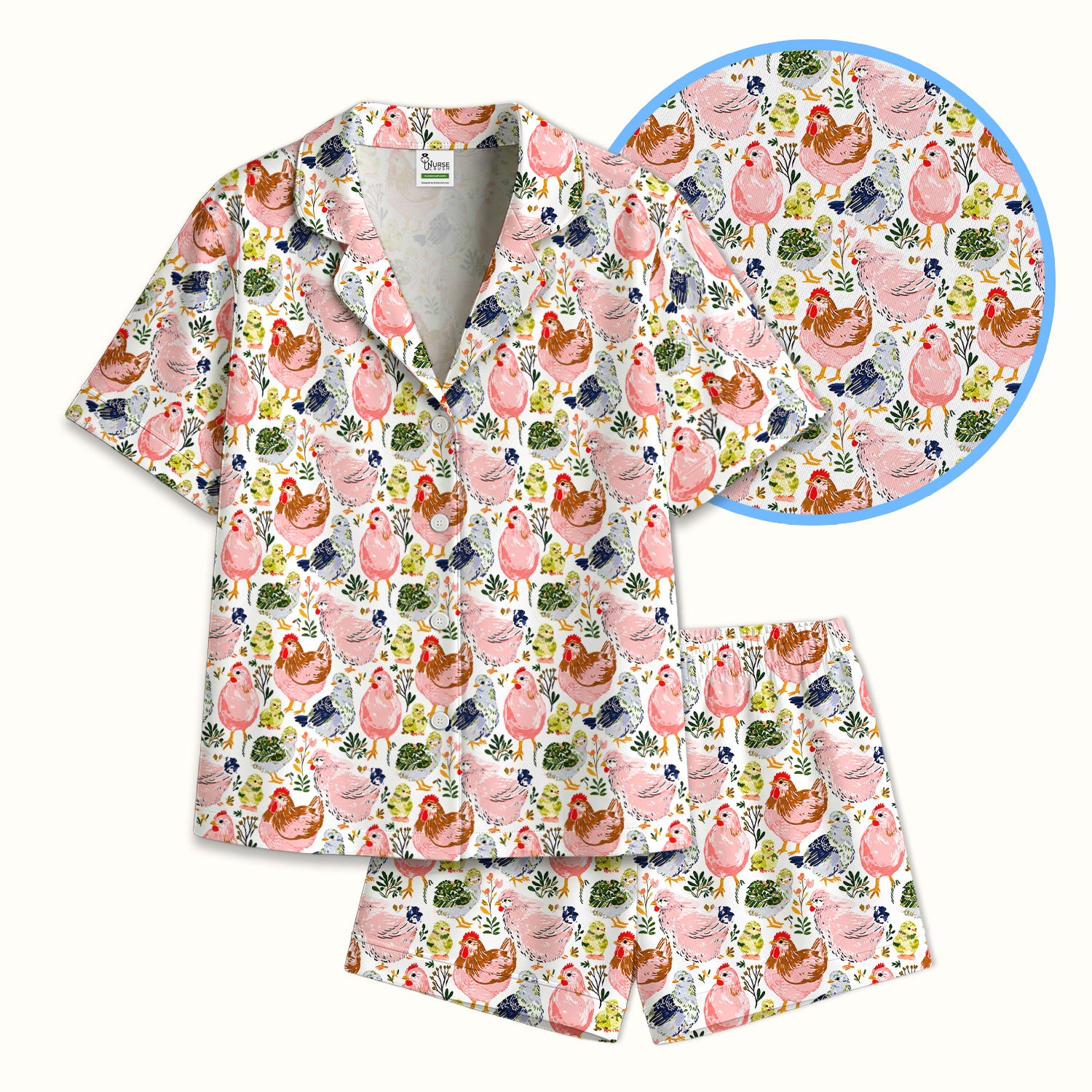 Cute Farm Chicken Hen Chick Pattern Pajama Set, Soft Breathable Fabric Comfortable Sleepwear