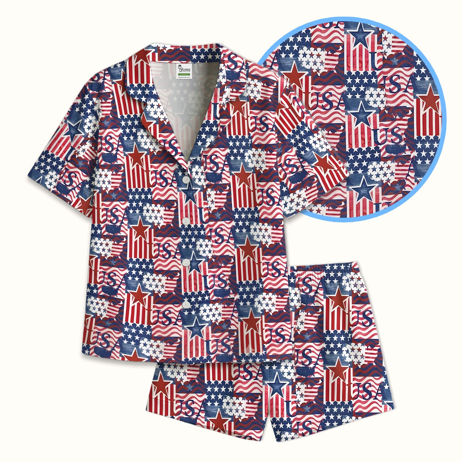Patriotic USA Star Patchwork Pattern Pajama Set, Soft Breathable Fabric Comfortable Sleepwear