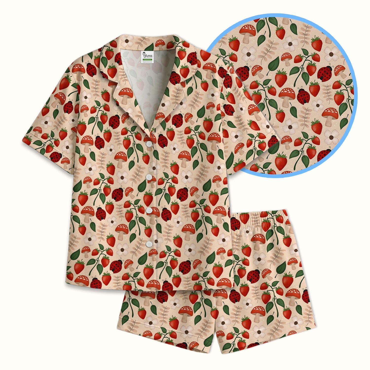 Strawberry Ladybug Mushroom Floral Pajama Set, Breathable Fabrics Uniform