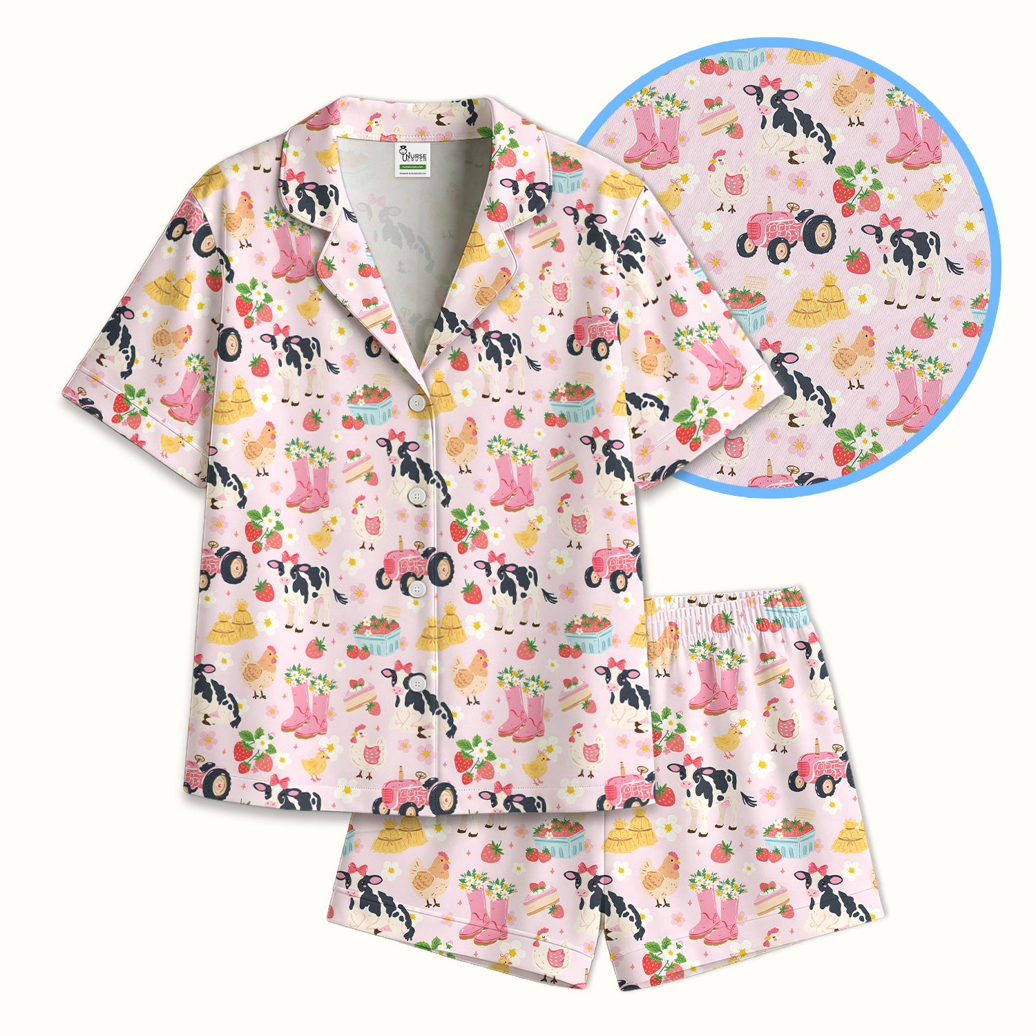 Cute Farm Animals & Strawberry Garden Pattern Pajama Set, Soft Breathable Fabric Comfortable Sleepwear