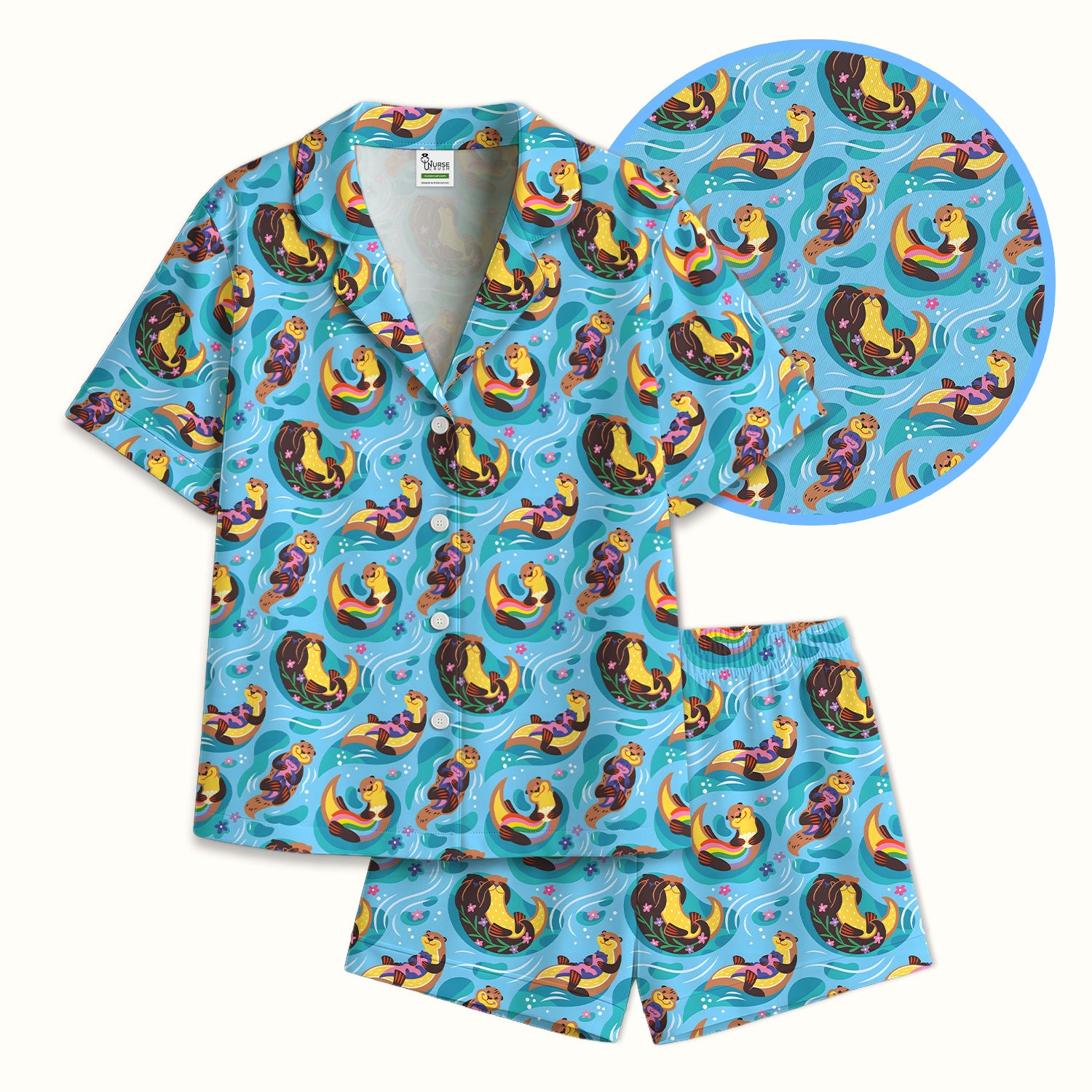 Otter Floating River Rainbow Pattern Pajama Set, Soft Breathable Fabric Comfortable Sleepwear