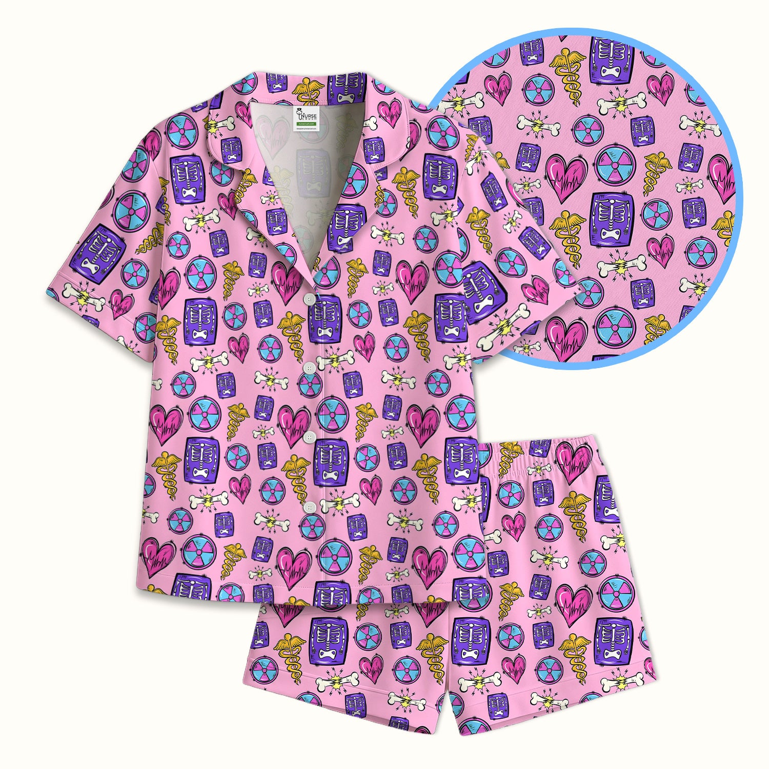 Sassy Nurse Heart Bone Caduceus Xray Icon Print Pajama Set, Soft Breathable Fabric Comfortable Sleepwear