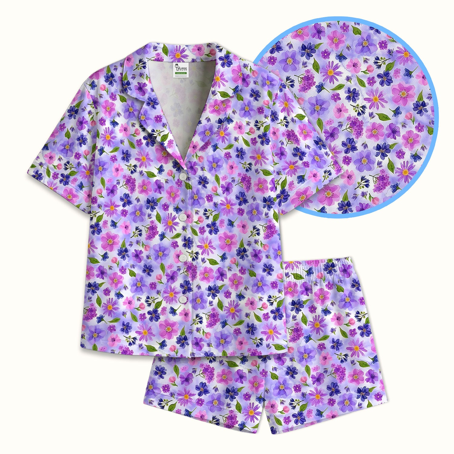 Purple Watercolor Wildflower Bloom Pattern Pajama Set, Soft Breathable Fabric Comfortable Sleepwear