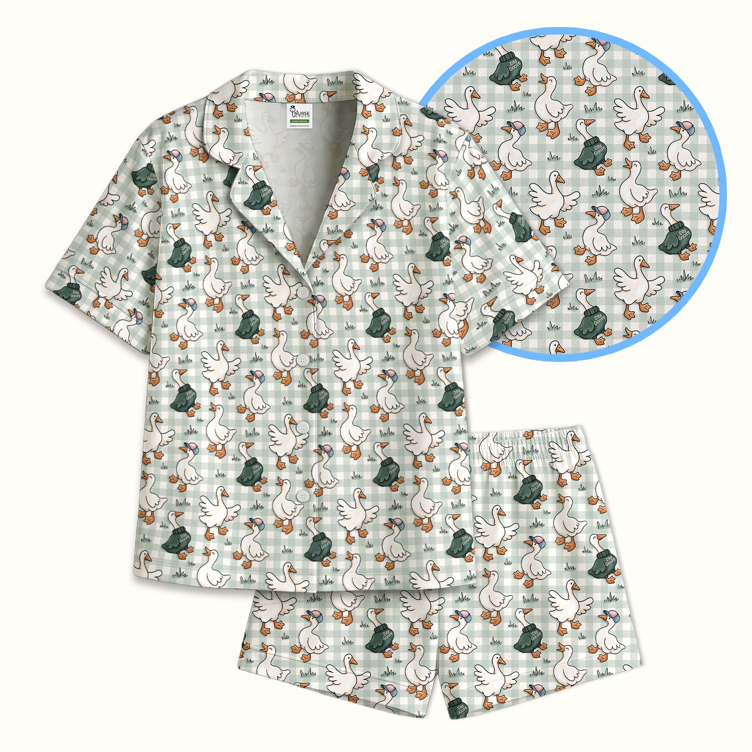 Funny Goose Wearing Sweater On Plaid Background Pattern Pajama Set, Soft Breathable Fabric Comfortable Sleepwear