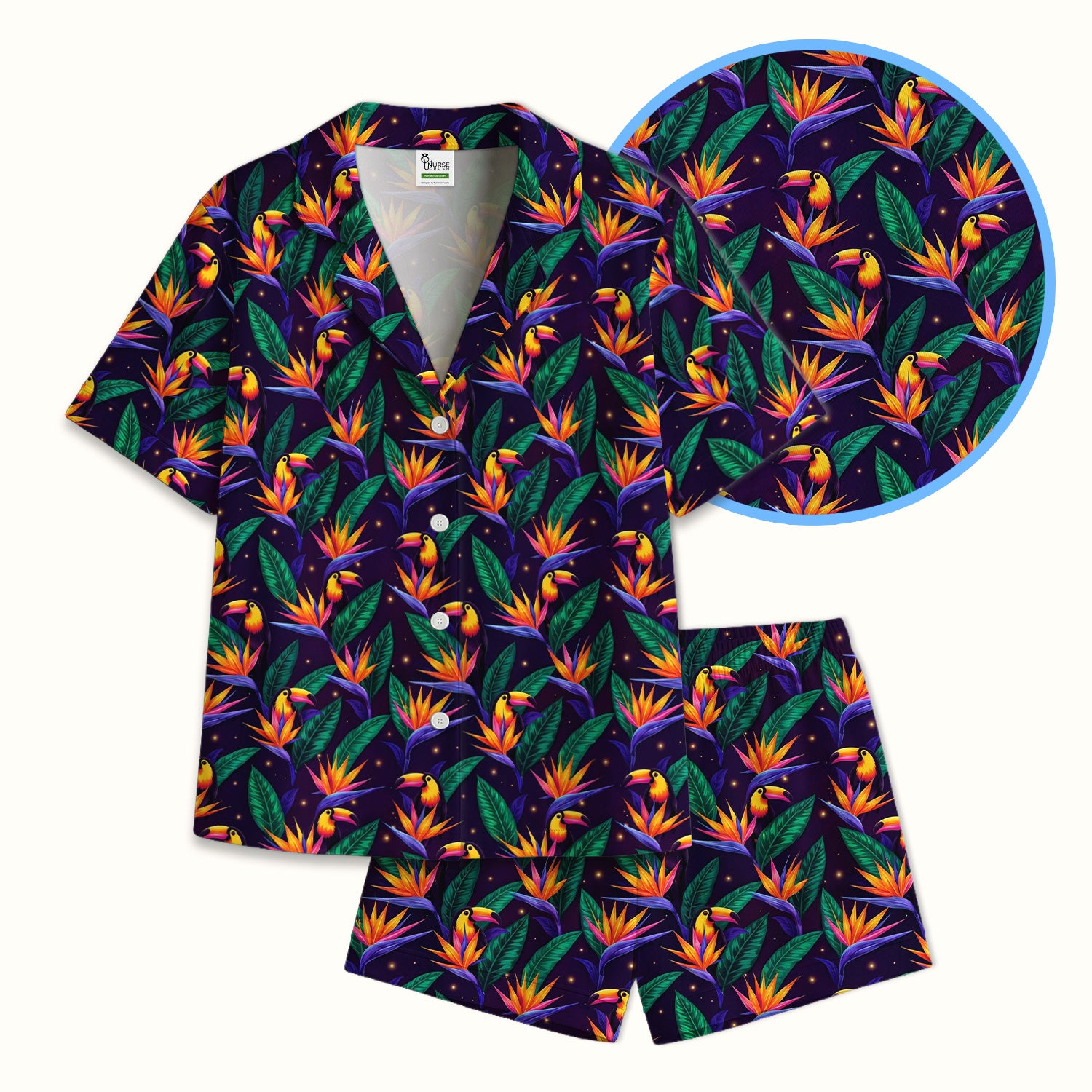 Tropical Toucan Bird Paradise Leaves Pattern Pajama Set, Soft Breathable Fabric Comfortable Sleepwear