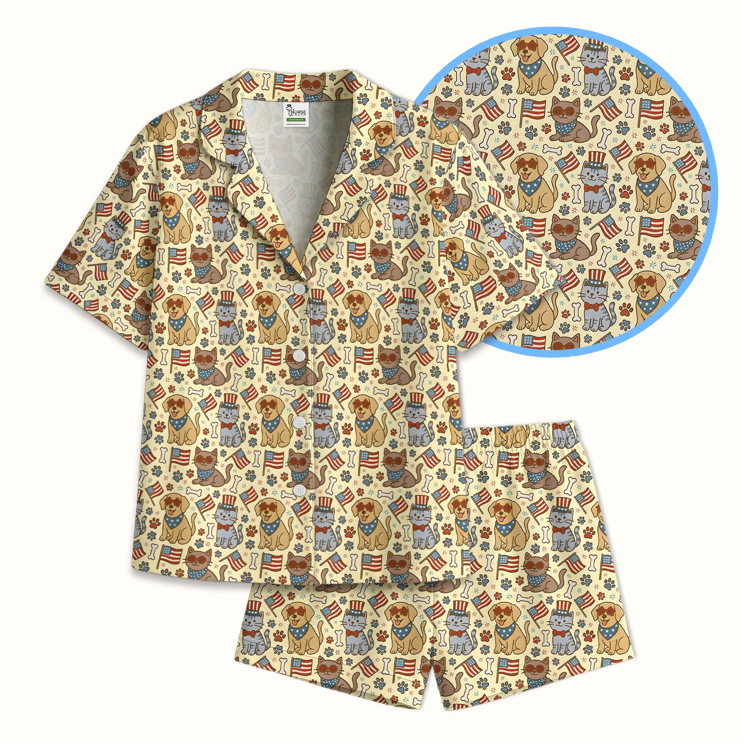 American Flag Patriotic Cat & Dog Pattern Pajama Set, Soft Breathable Fabric Comfortable Sleepwear