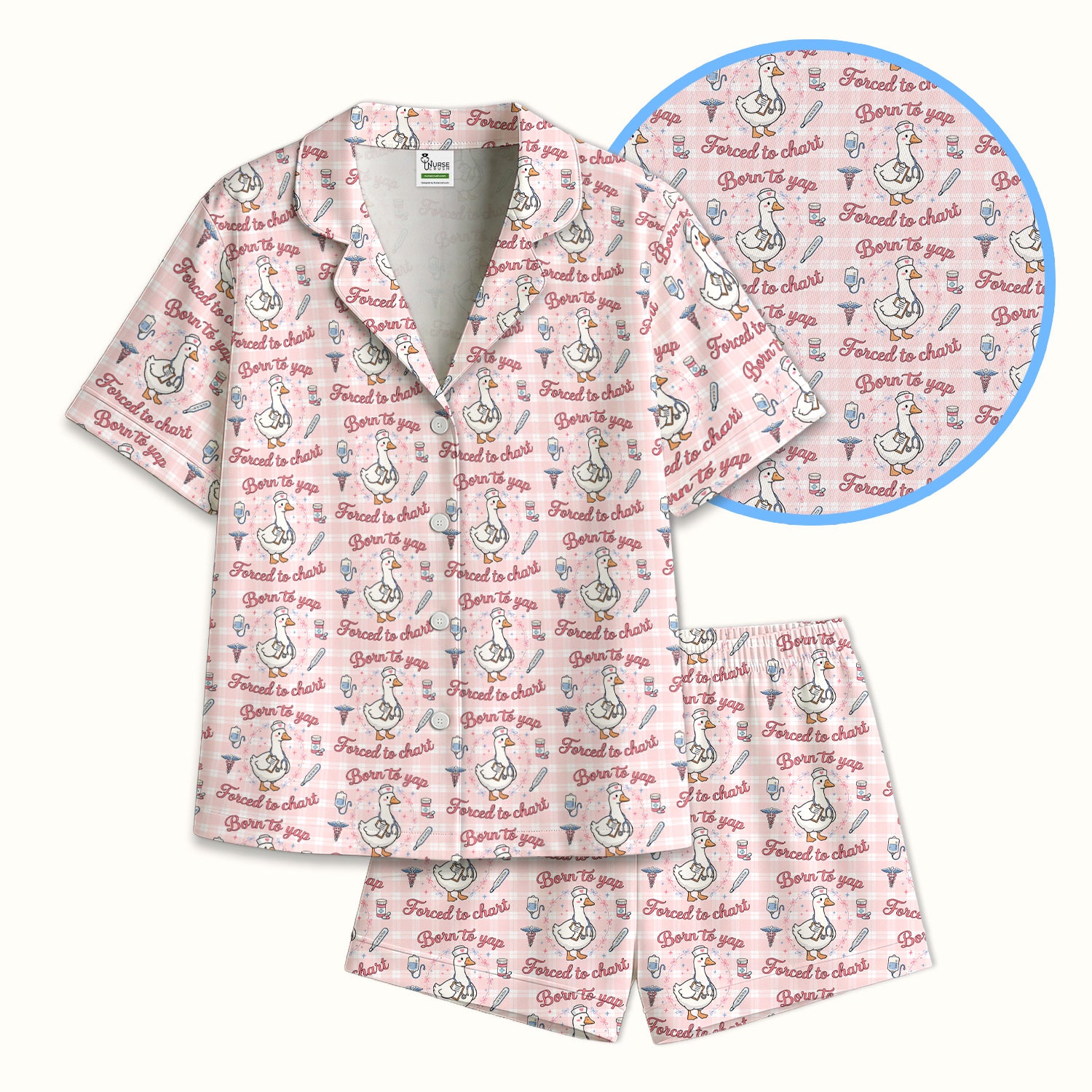 Funny Nurse Goose, Born To Yap Forced To Chart Pattern Pajama Set, Breathable Fabrics Uniform