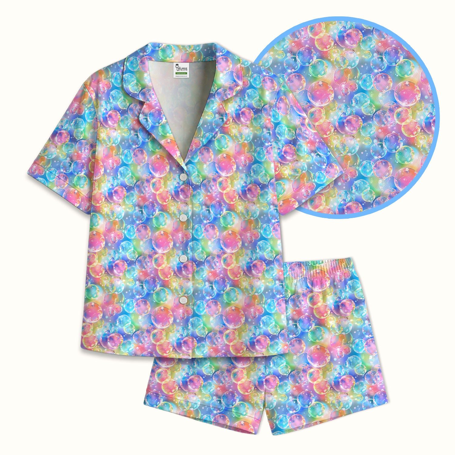 Colorful Floating Soap Bubble Pattern Pajama Set, Breathable Fabrics Uniform