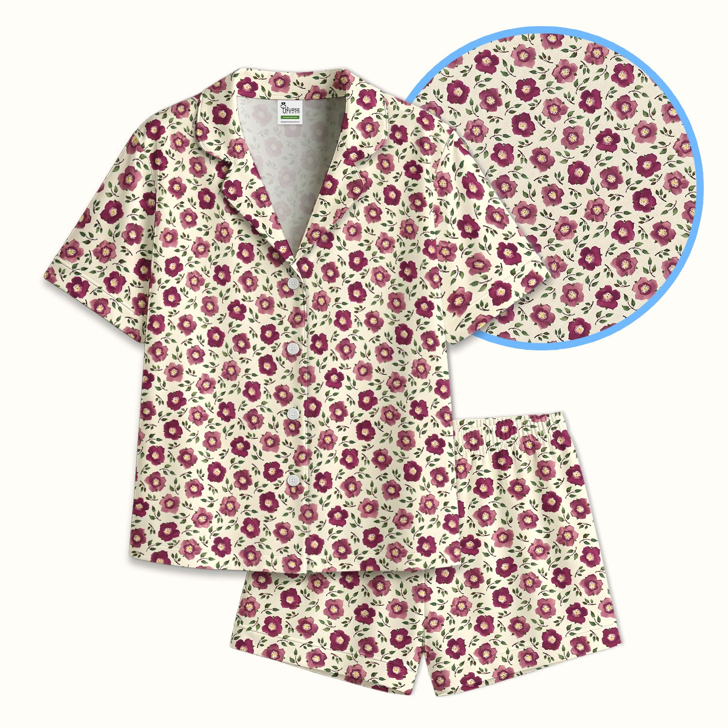 Purple Floral Blossom Leaf Pattern Pajama Set, Soft Breathable Fabric Comfortable Sleepwear