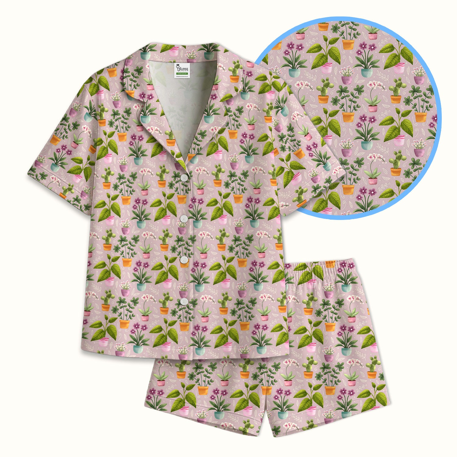 Potted Plant Orchid Cactus Pattern Pajama Set, Soft Breathable Fabric Comfortable Sleepwear