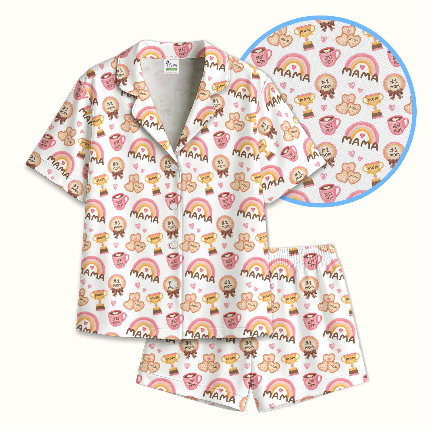 Sweet Nurse Mama Rainbow Trophy Heart Pattern Pajama Set, Soft Breathable Fabric Comfortable Sleepwear