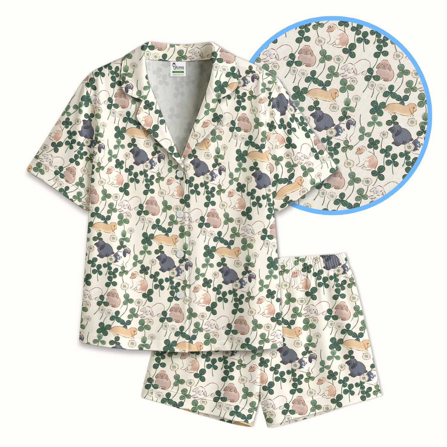 Cute Bunny Clover Garden Meadow Pattern Nurse Pajama Set, Soft Breathable Fabric Comfortable Sleepwear
