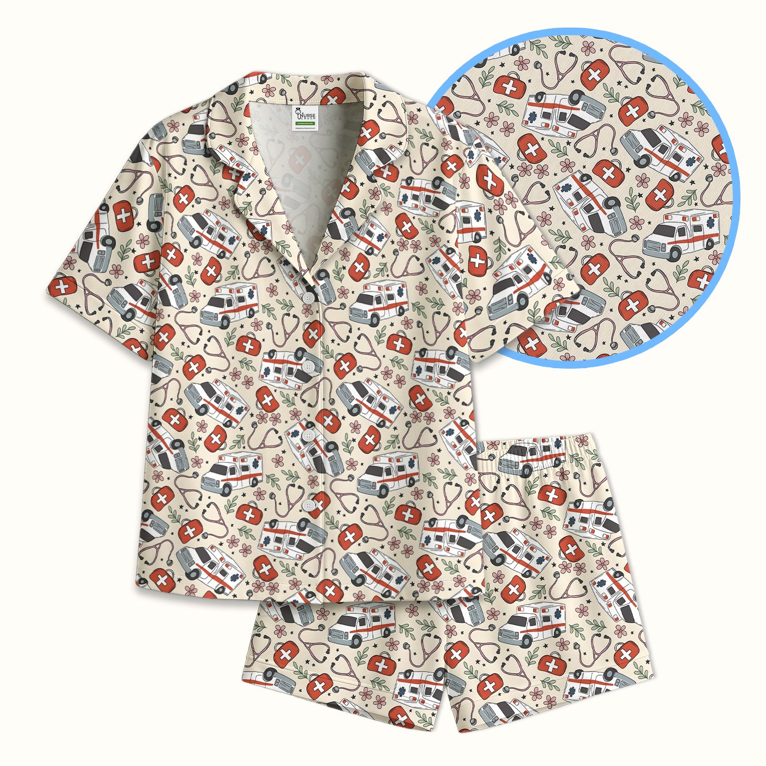 Ambulance Stethoscope First Aid Floral Pattern Pajama Set, Breathable Fabrics Uniform