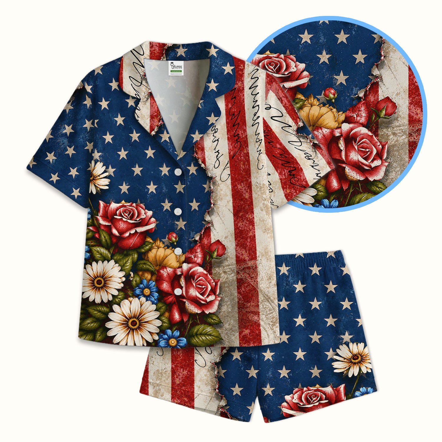 American Flag Vintage Rose Floral Pattern Pajama Set, Soft Breathable Fabric Comfortable Sleepwear
