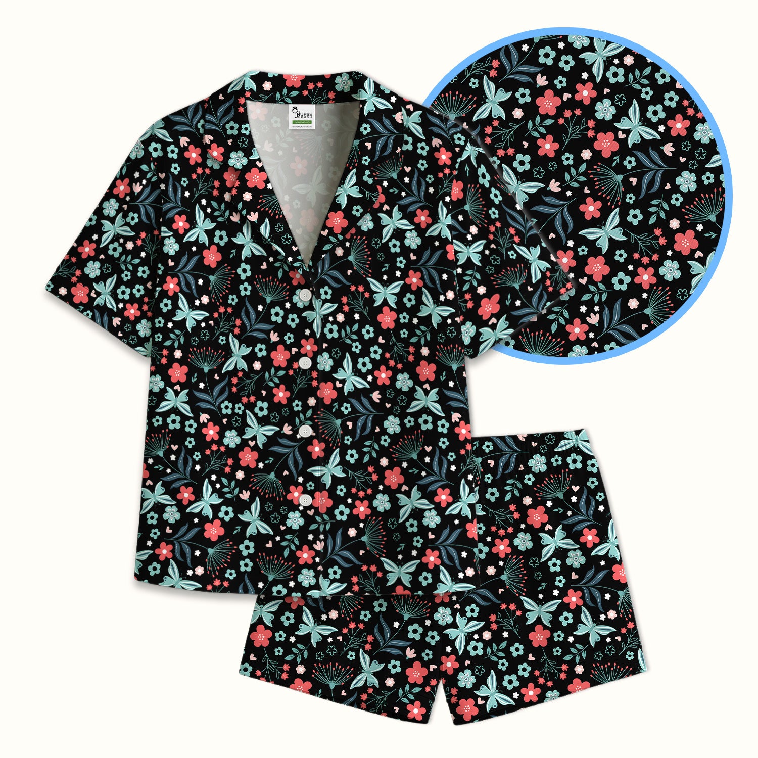 Cute Floral Butterfly Garden Print Pajama Set, Soft Breathable Fabric Comfortable Sleepwear