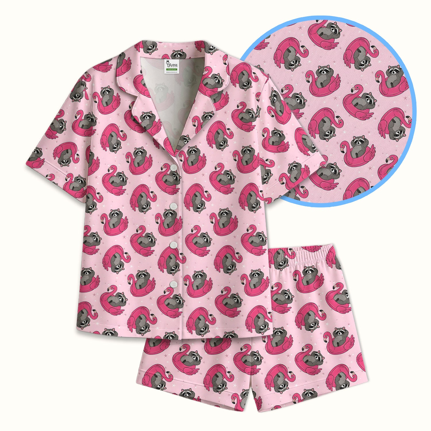Cute Raccoon Flamingo Float Pattern Pajama Set, Soft Breathable Fabric Comfortable Sleepwear