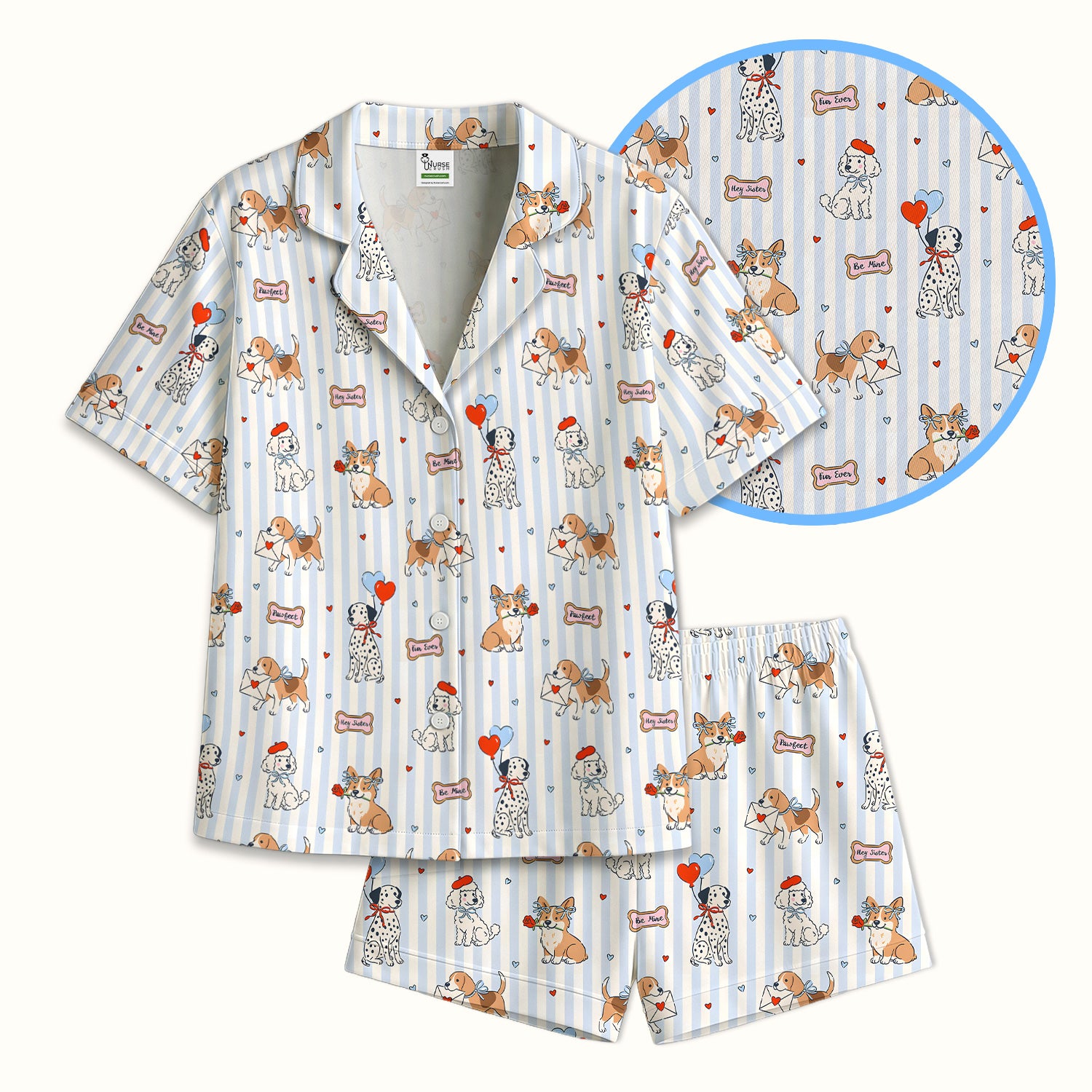 Valentine Puppy Heart Pattern Pajama Set, Soft Breathable Fabric Comfortable Sleepwear