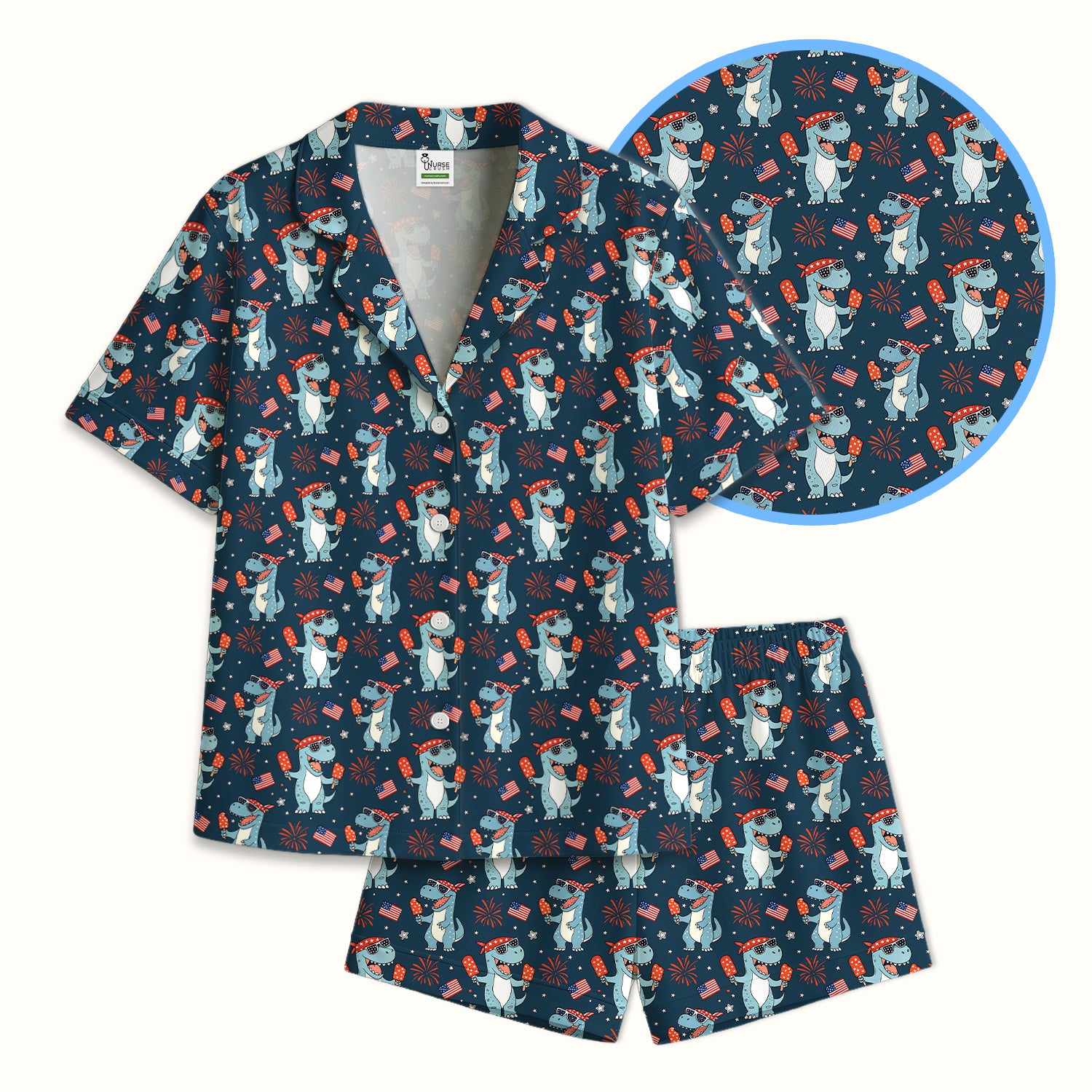 Dinosaur With Flag American Pattern Pajama Set, Soft Breathable Fabric Comfortable Sleepwear