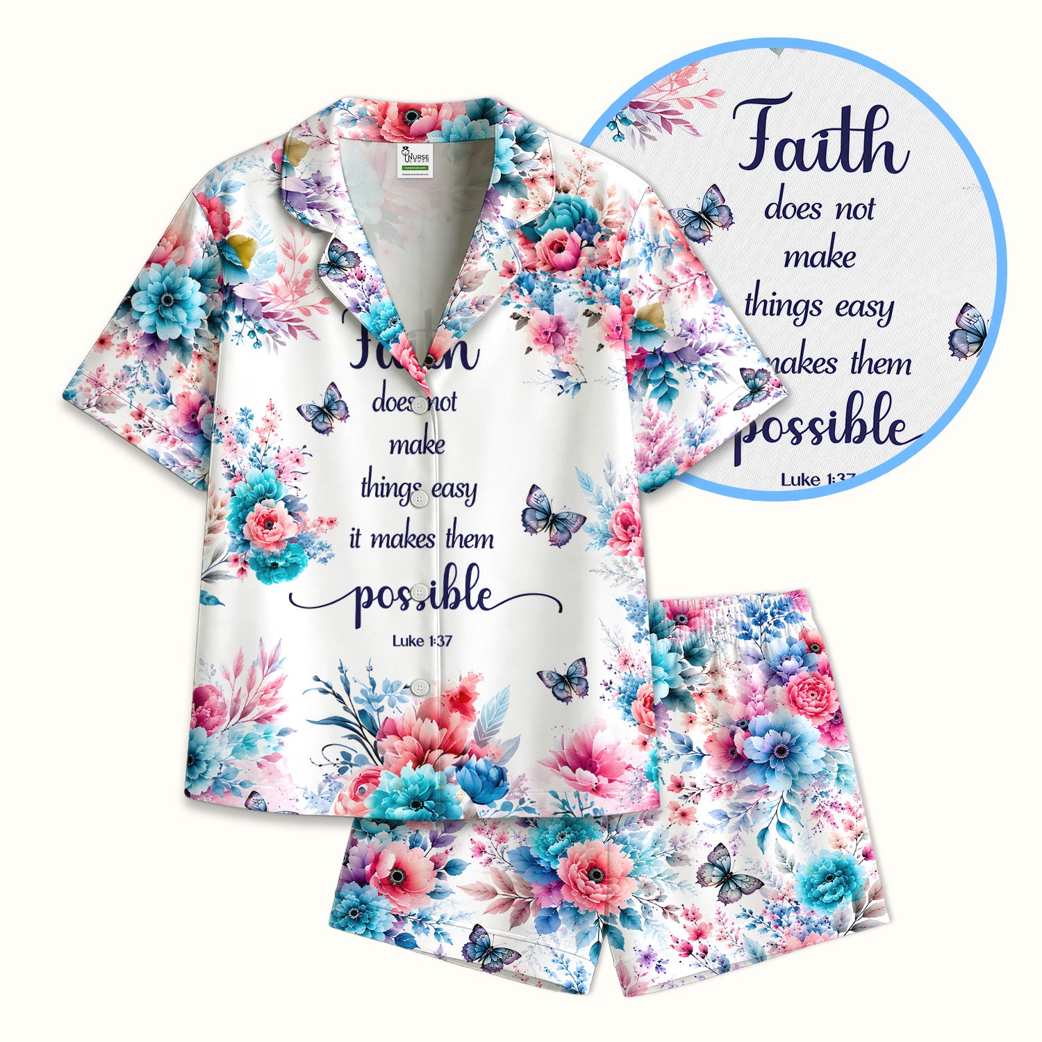 Inspirational Faith Floral Butterfly Pattern Pajama Set, Soft Breathable Fabric Comfortable Sleepwear