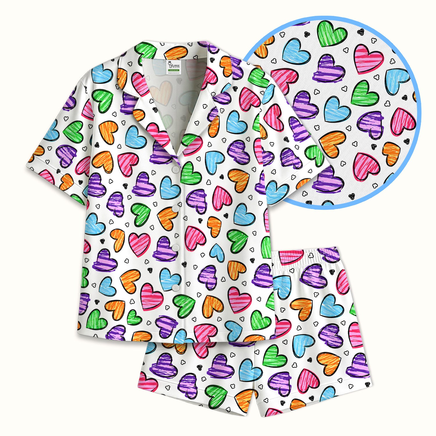 Colorful Doodle Heart Pattern Pajama Set, Soft Breathable Fabric Comfortable Sleepwear