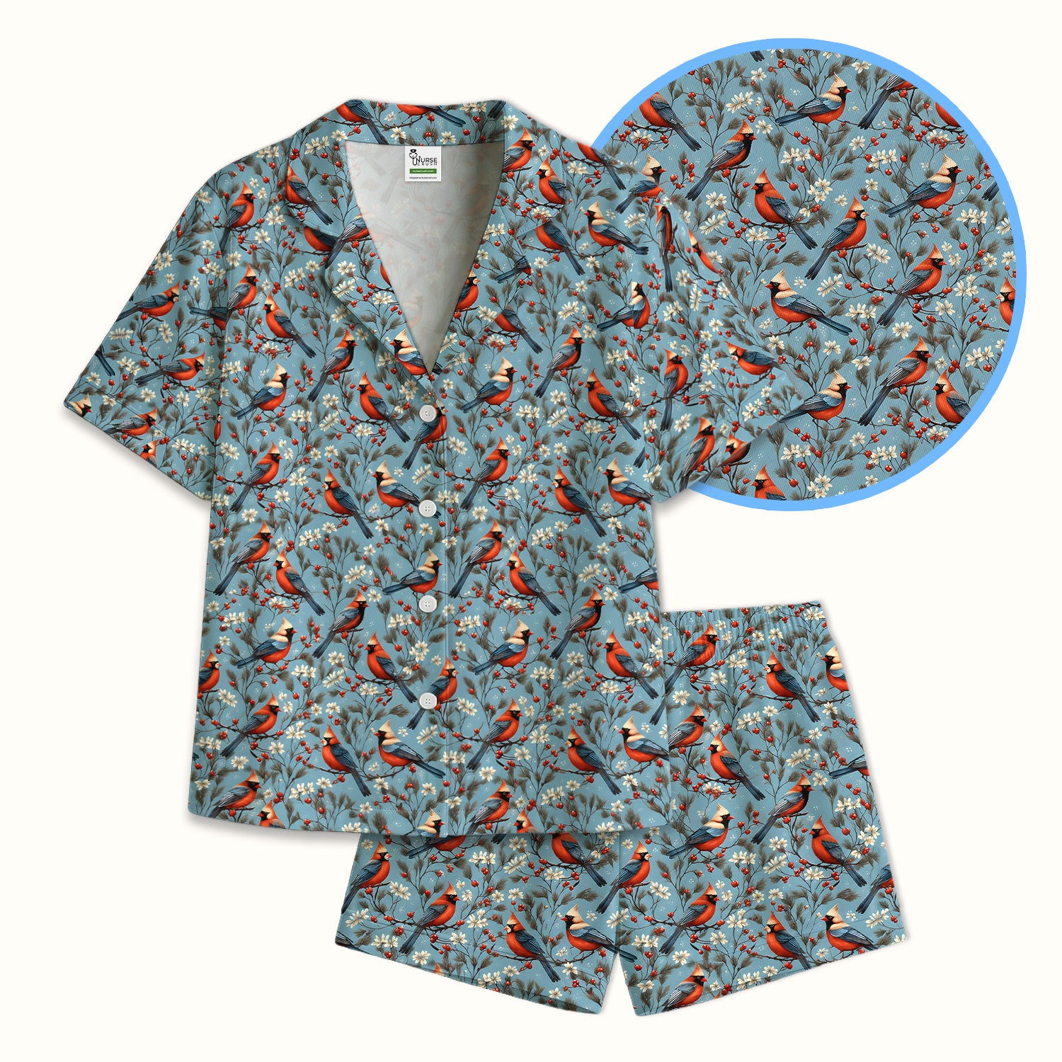 Cute Cardinal Berry Blossom Pattern Pajama Set, Soft Breathable Fabric Comfortable Sleepwear