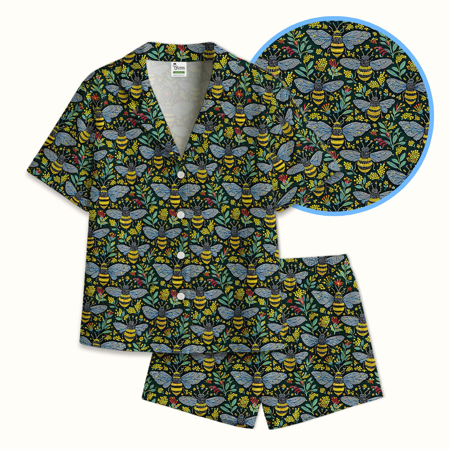 Honey Bee And Wildflower Garden Pattern Pajama Set, Breathable Fabrics Uniform