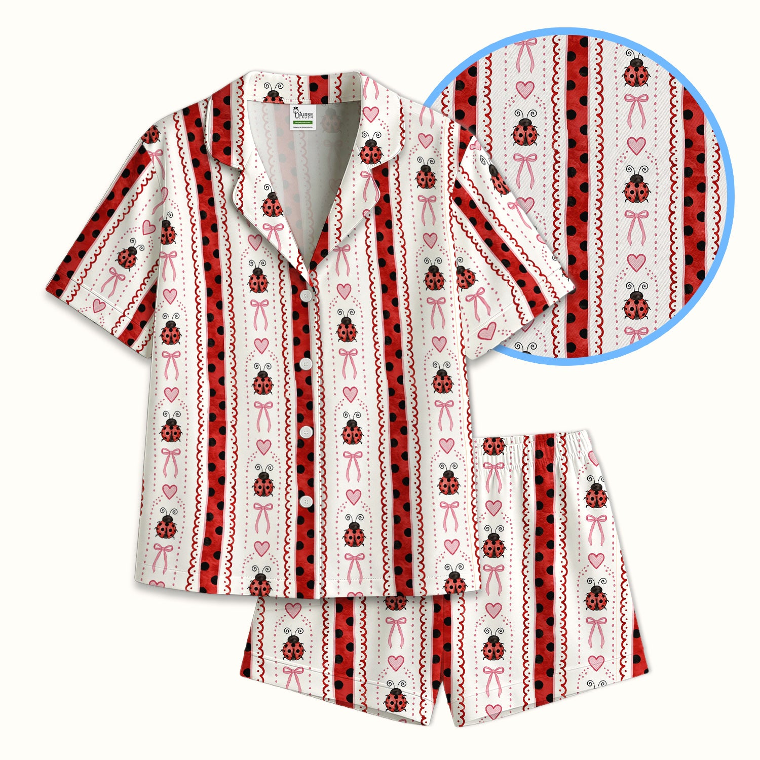Cute Ladybug Heart Bow Stripe Pattern Pajama Set, Soft Breathable Fabric Comfortable Sleepwear
