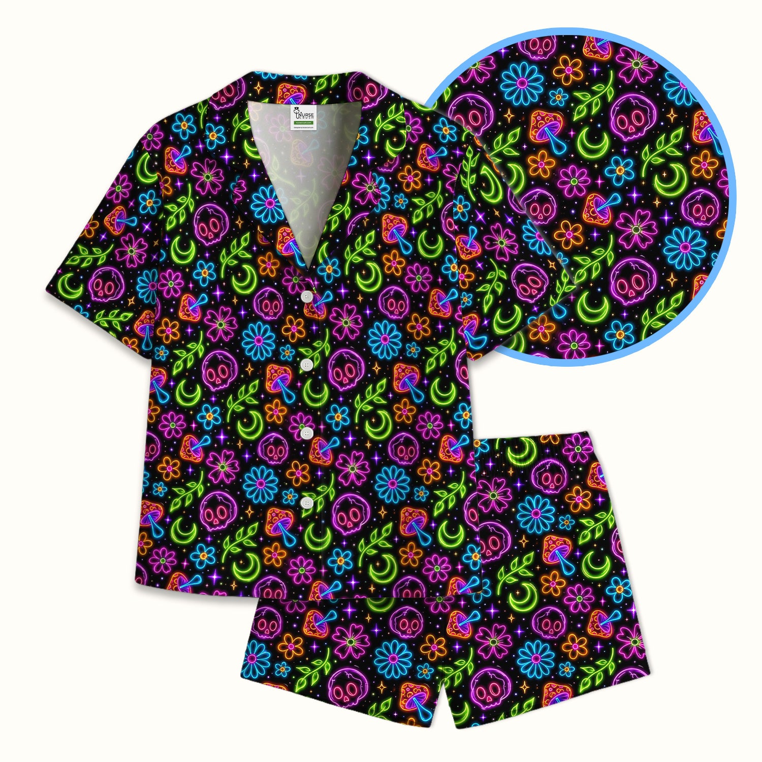 Neon Skull Mushroom Floral Pajama Set, Colorful Gothic Fabrics Uniform