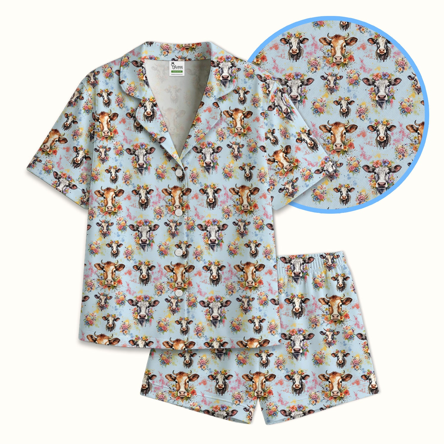 Cute Floral Cow Farm Animal Pattern Pajama Set, Soft Breathable Fabric Comfortable Sleepwear