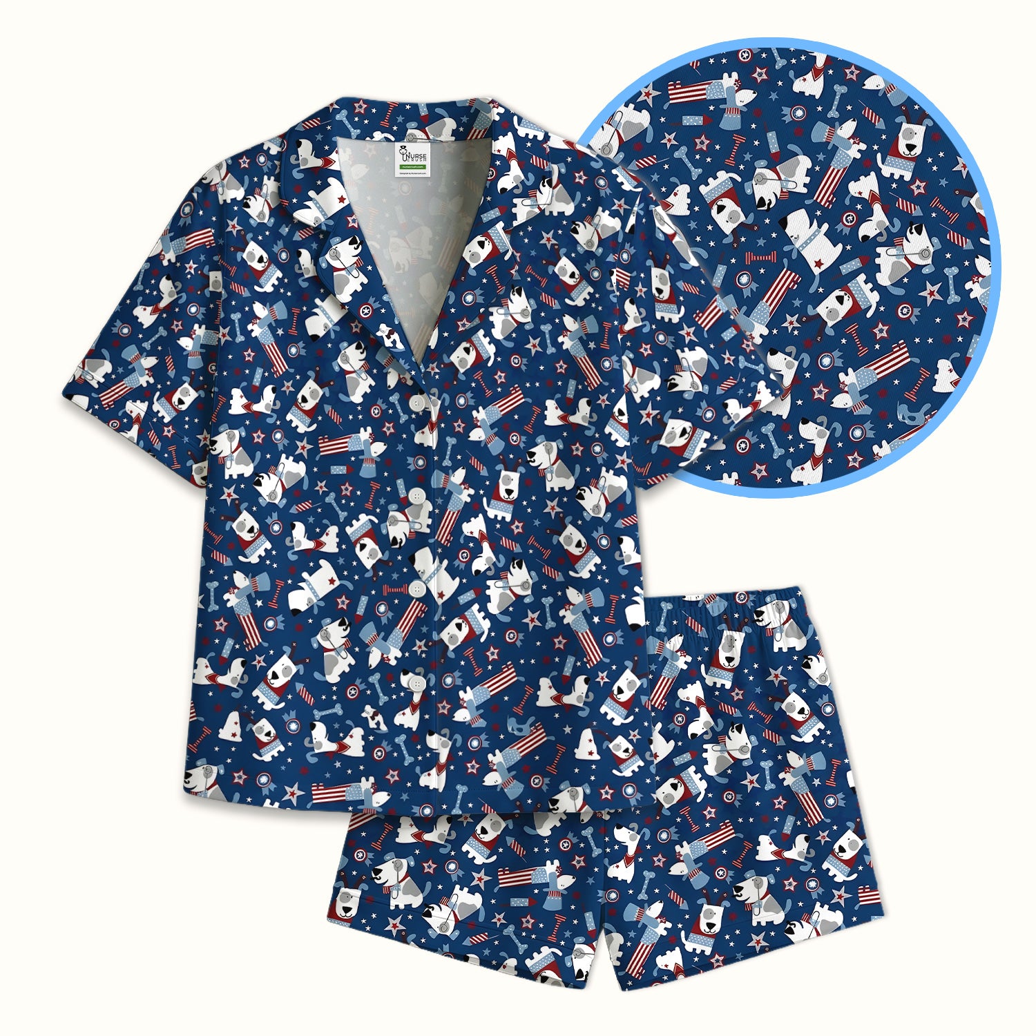Patriotic Nurse Dog Stars Pattern Pajama Set, Soft Breathable Fabric Comfortable Sleepwear