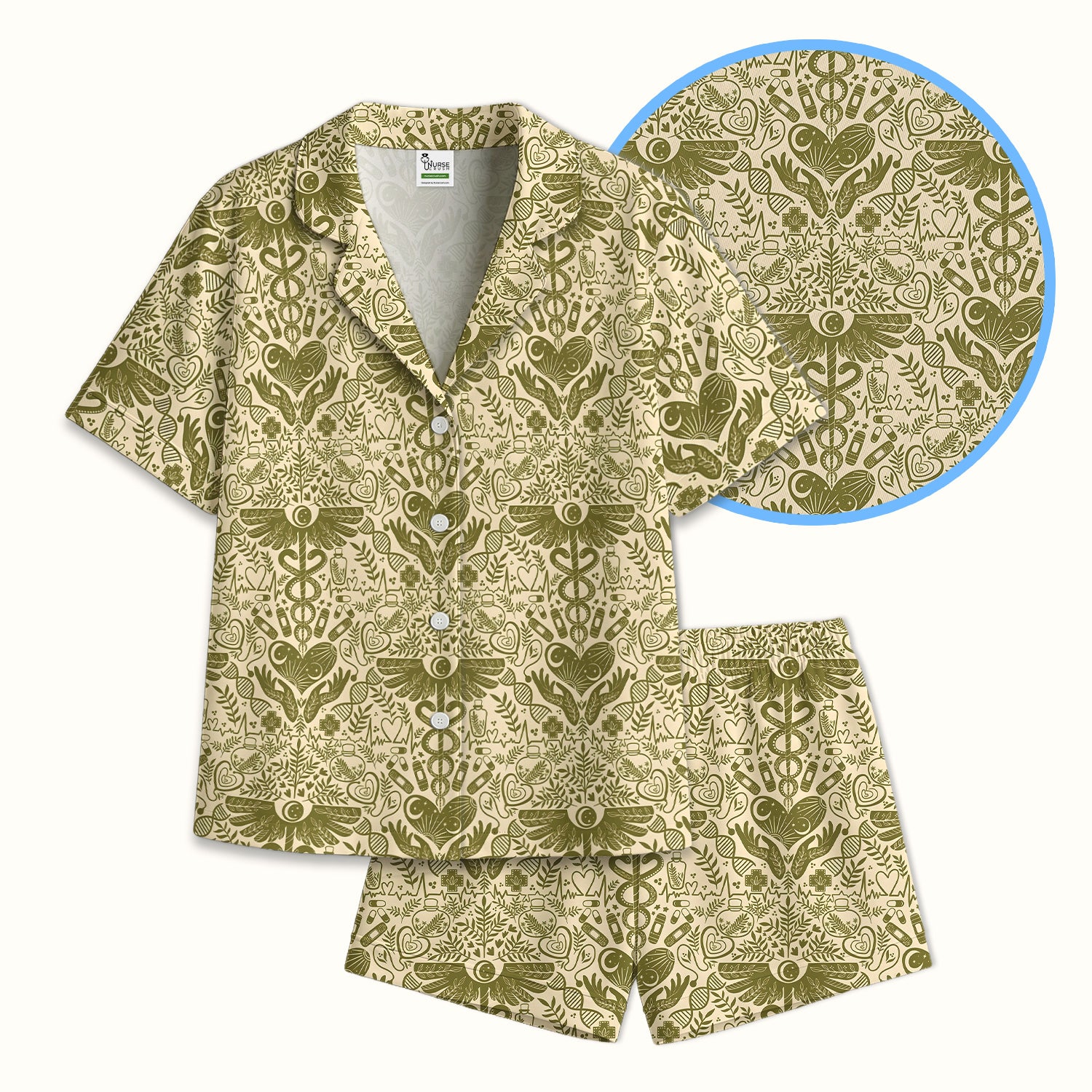 Inspirational Botanical Medical Caduceus Heart Nurse Pattern Pajama Set, Breathable Fabrics Uniform