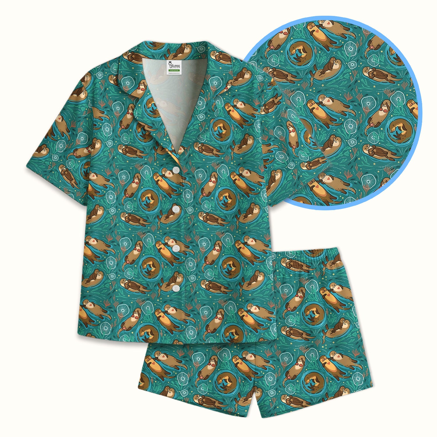 Sea Otter Floating Ocean Pattern Pajama Set, Soft Breathable Fabric Comfortable Sleepwear