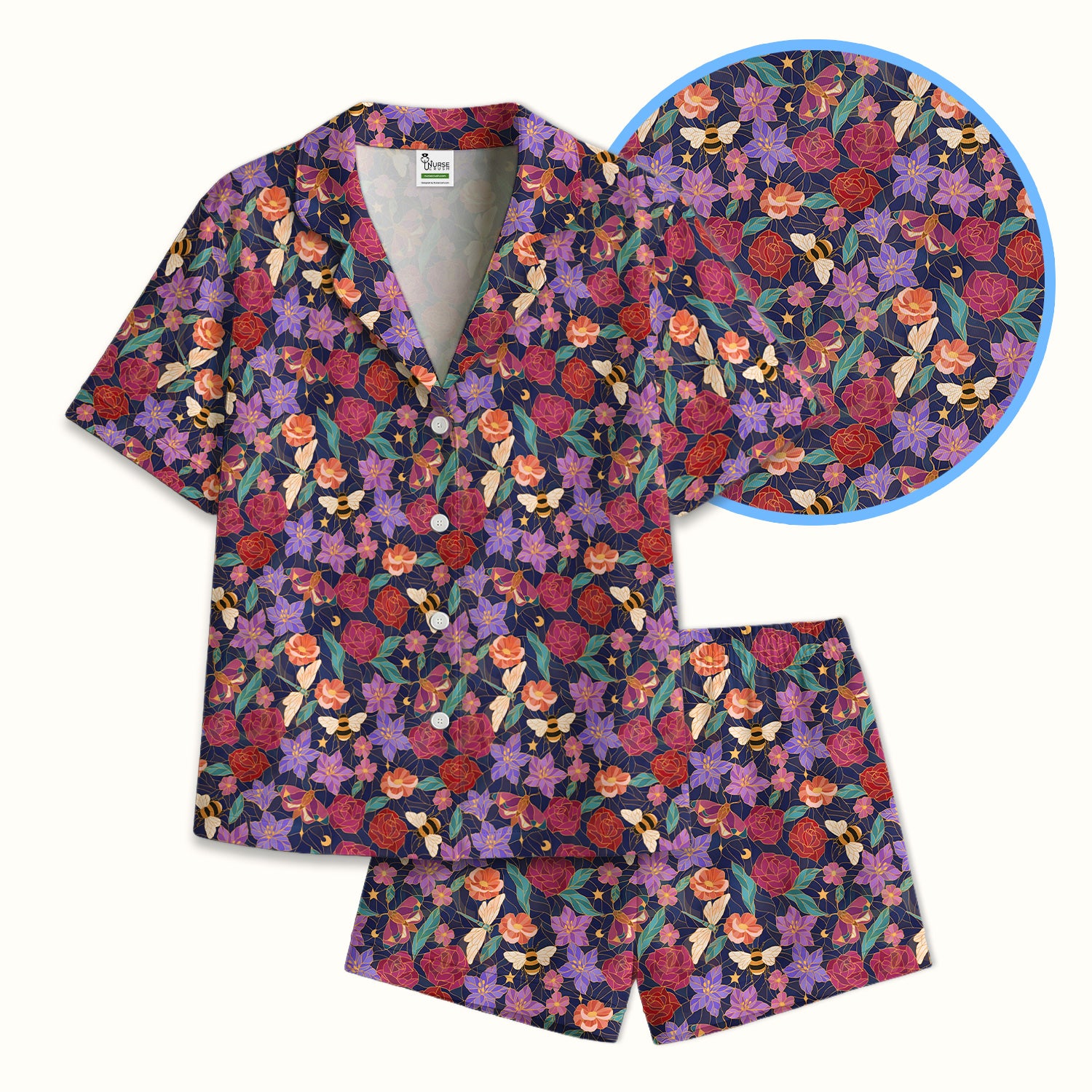 Charming Floral Garden With Bees And Dragonflies Pajama Set, Soft Breathable Fabric Comfortable Sleepwear