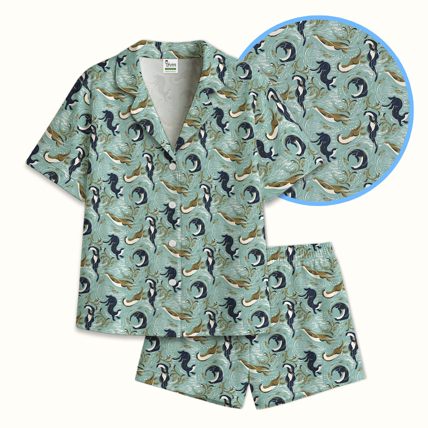 Sea Otter Ocean Wave Coastal Pattern Pajama Set, Breathable Fabrics Uniform