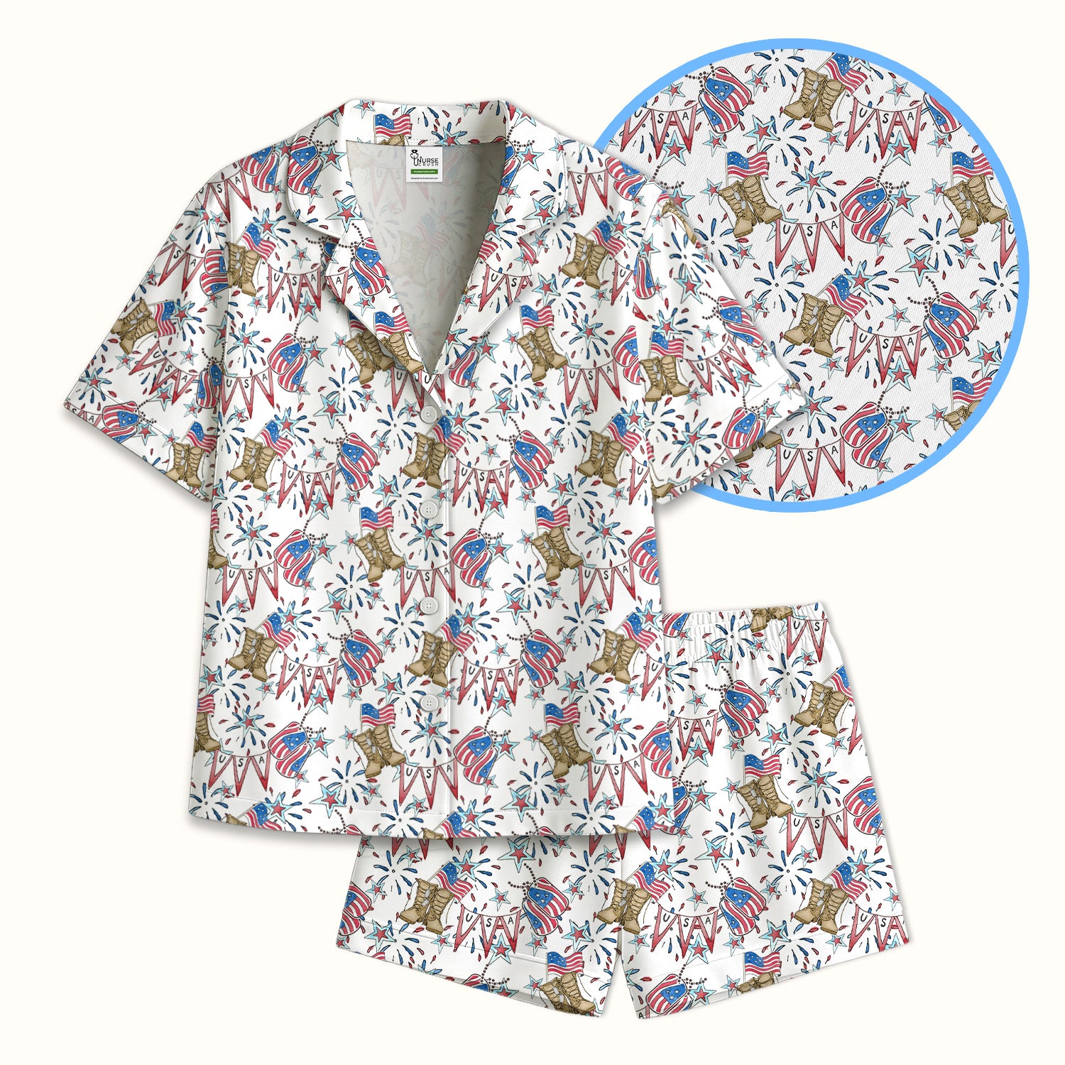 USA Boots Banner Pattern Pajama Set, Soft Breathable Fabric Comfortable Sleepwear